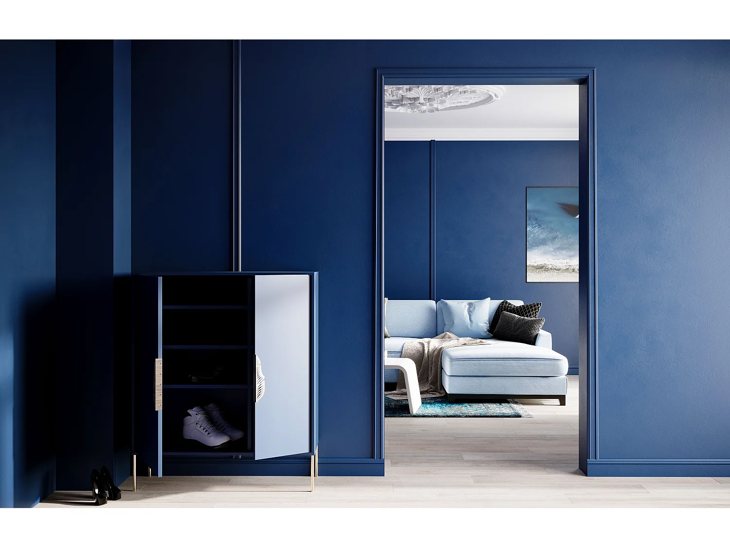 Buffet bleu marine / meuble à chaussures MERLIN avec détails dorés / 100 cm