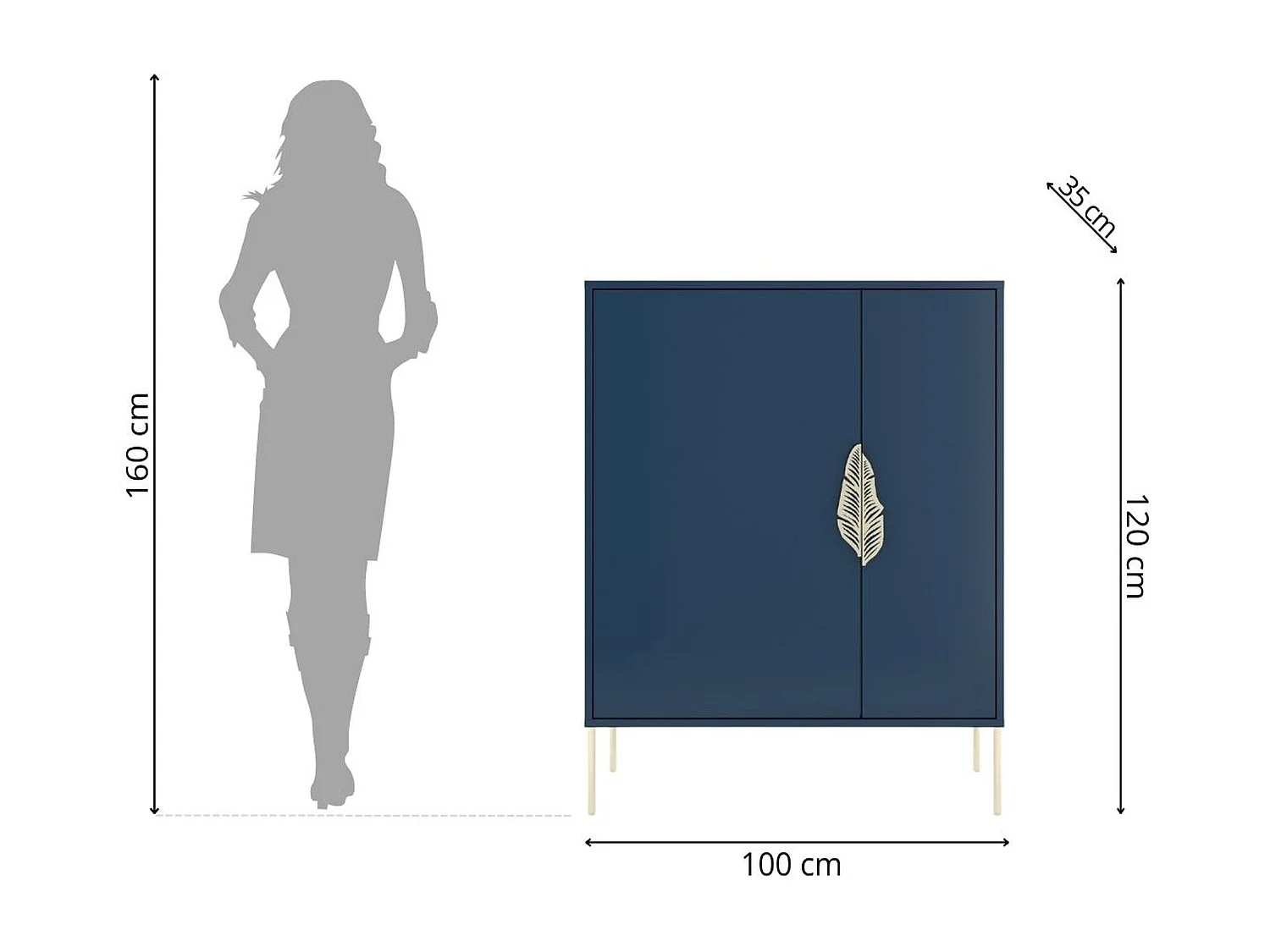 Buffet bleu marine / meuble à chaussures MERLIN avec détails dorés / 100 cm