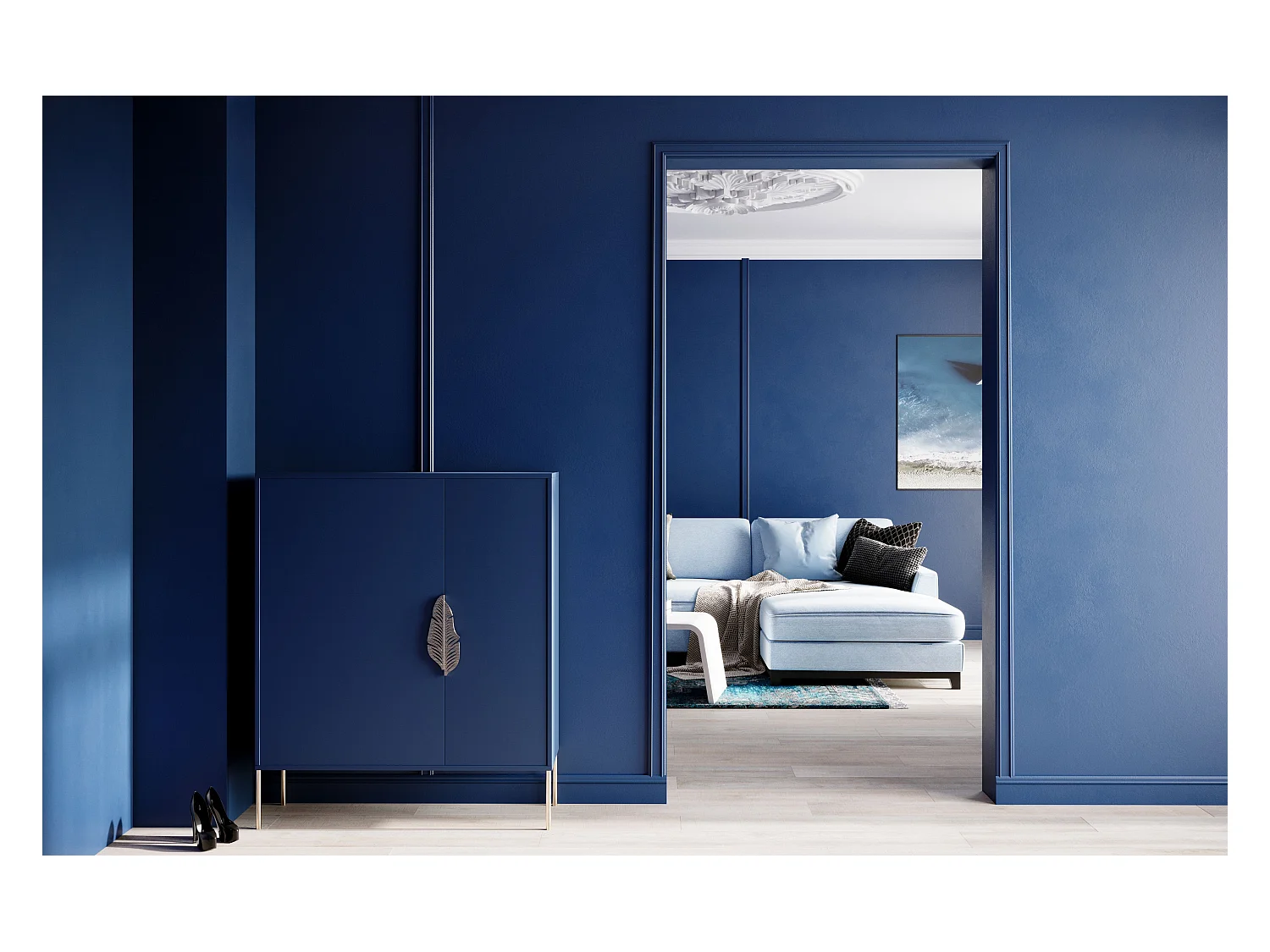 Buffet bleu marine / meuble à chaussures MERLIN avec détails dorés / 100 cm