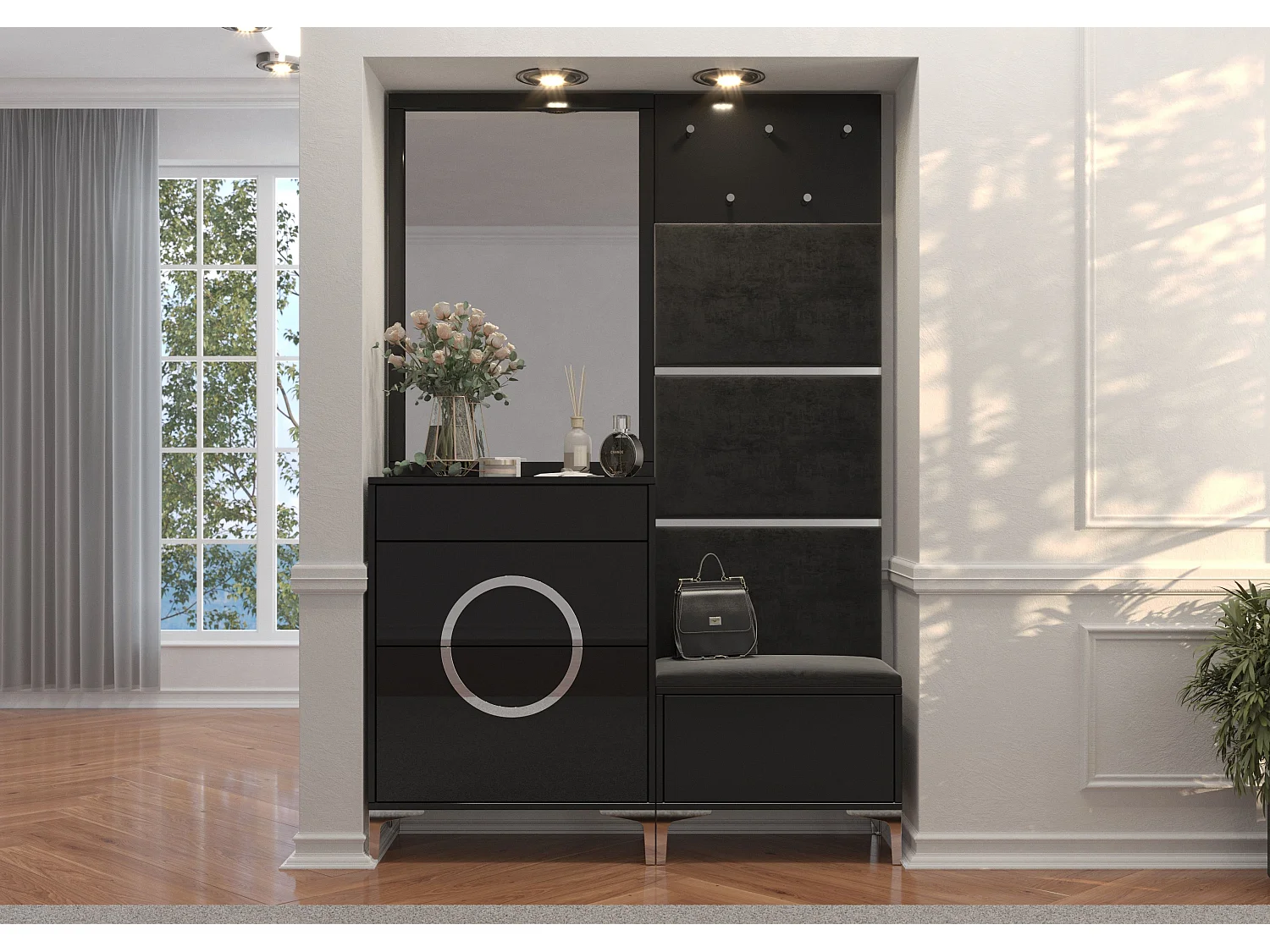 Ensemble de meubles élégants noirs pour hall d'entrée EVELINE / Haute brillance / 130 cm