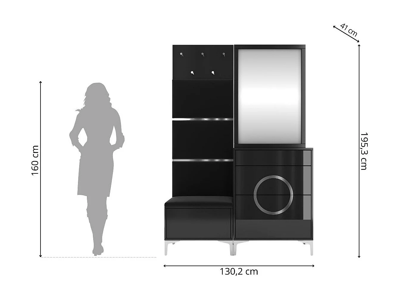 Ensemble de meubles élégants noirs pour hall d'entrée EVELINE / Haute brillance / 130 cm