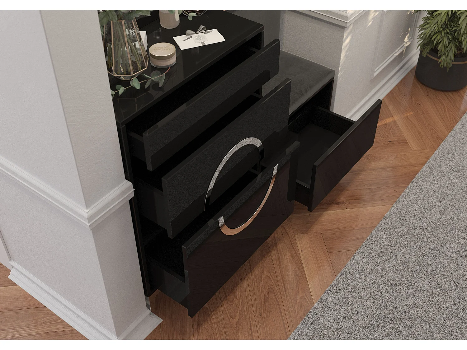 Ensemble de meubles élégants noirs pour hall d'entrée EVELINE / Haute brillance / 130 cm