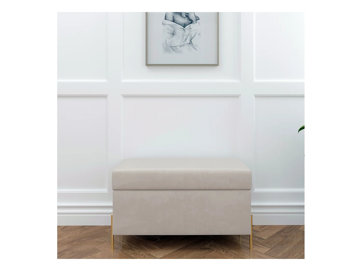 Banc coffre BORGO en velours beige avec pieds en métal doré / 80 x 37 cm