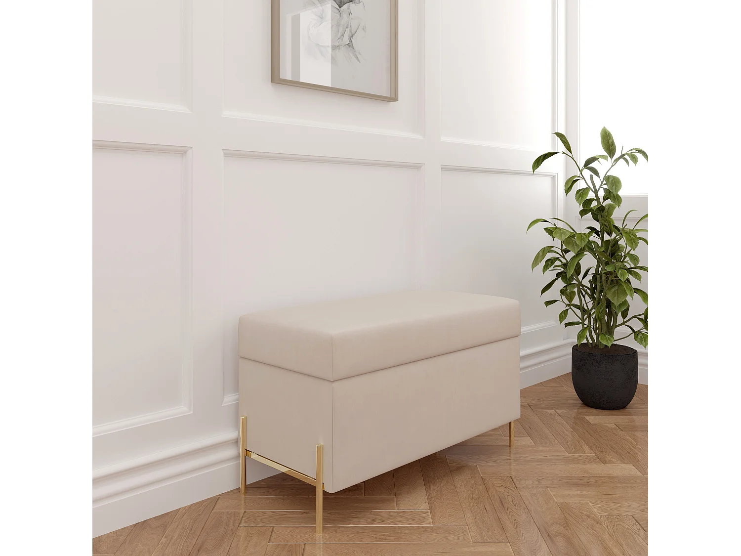 Beżowa tapierowana ławka Dancan BORGO z pojemnikiem