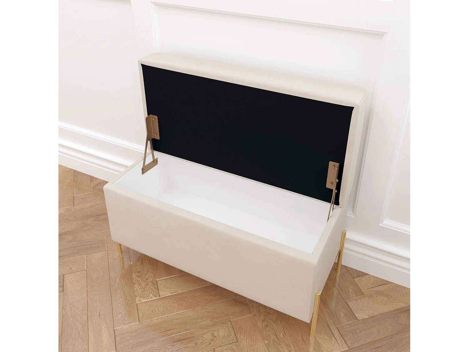 Beżowa tapierowana ławka Dancan BORGO z pojemnikiem