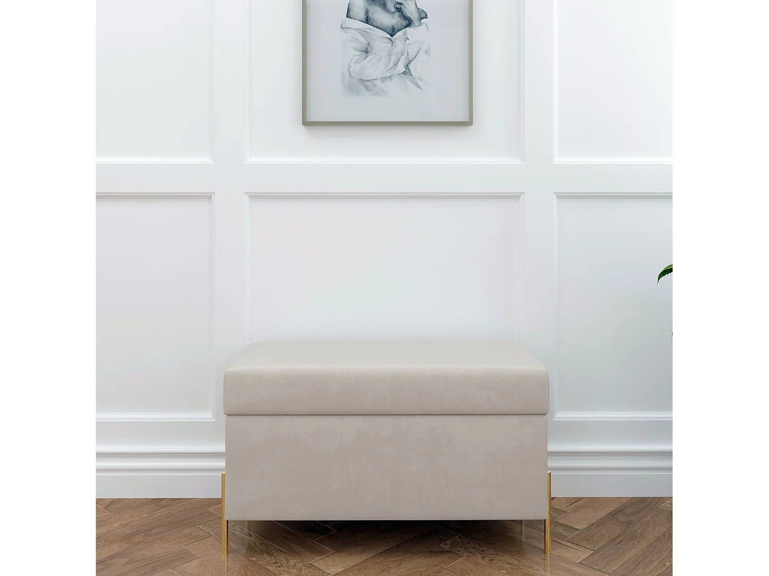 Hockerbank Borgo mit stauraum, samt beige, metal gold