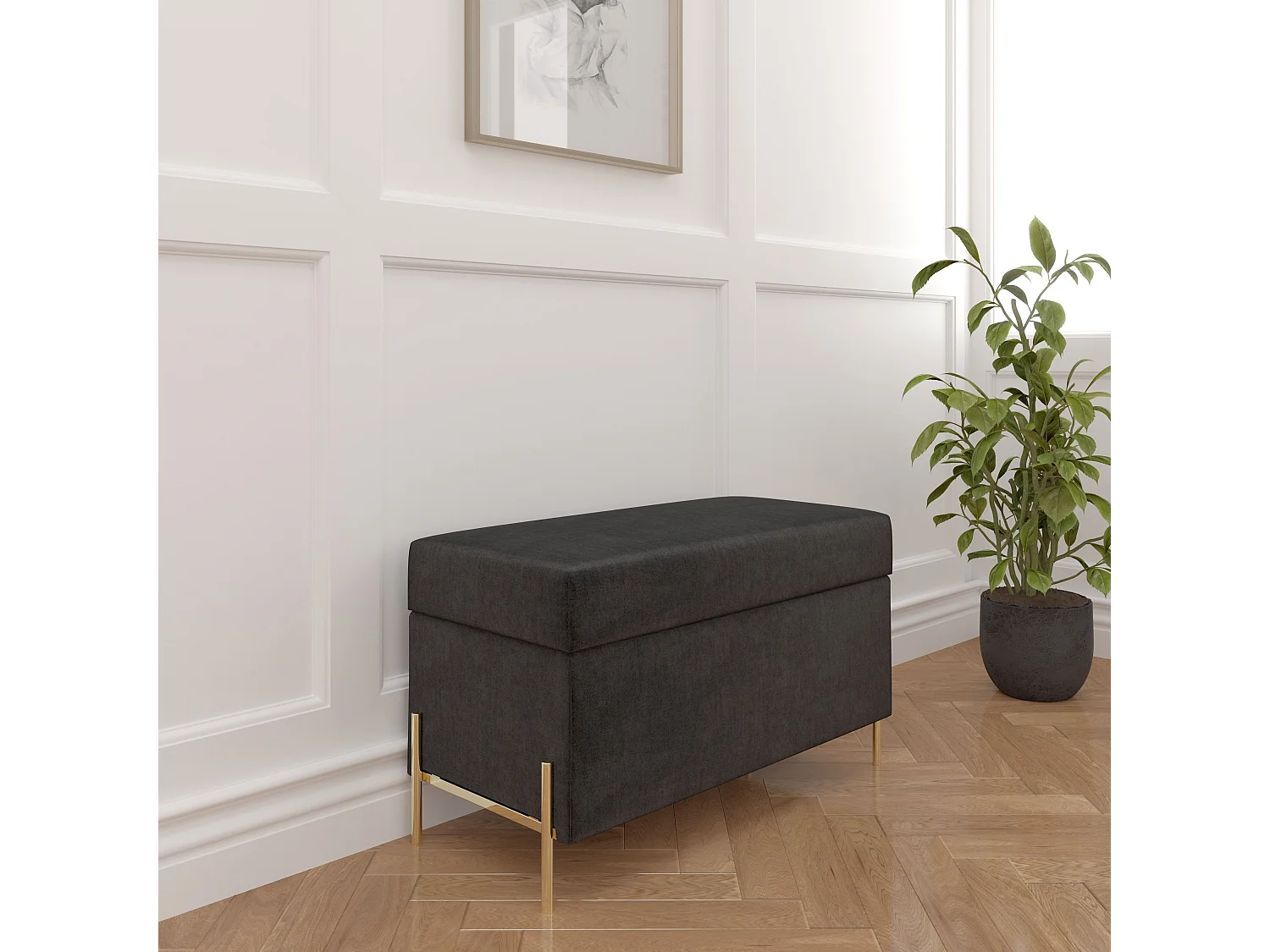 Szara tapierowana ławka Dancan BORGO z pojemnikiem