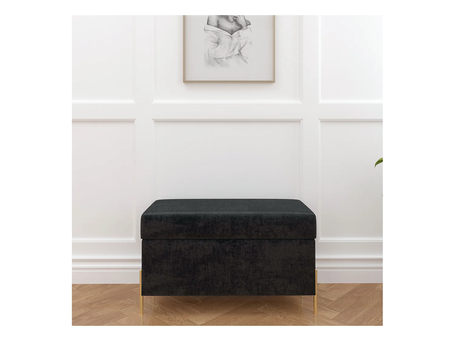 Banc coffre BORGO en velours gris avec pieds en métal doré / 80 x 37 cm