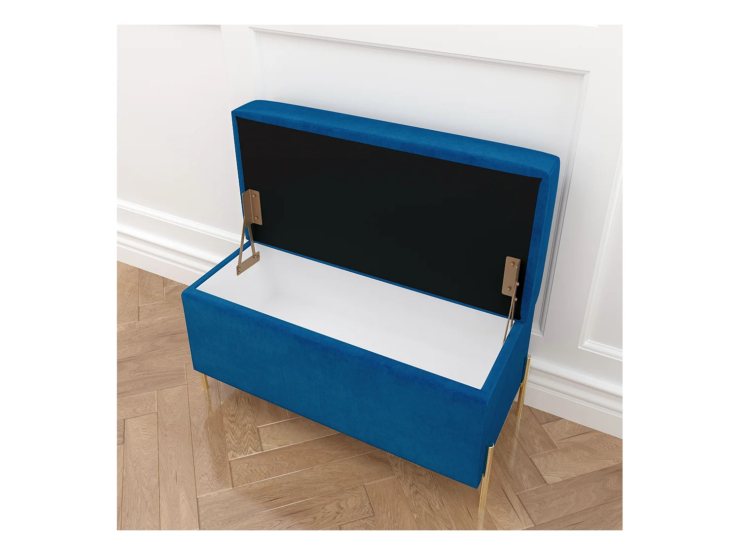 Granatowa tapierowana ławka Dancan BORGO z pojemnikiem