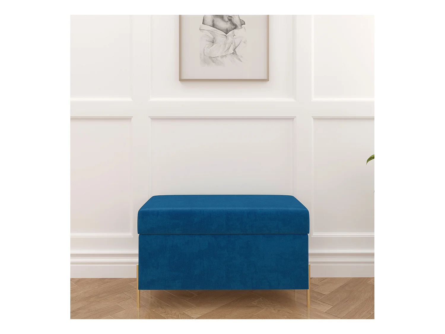 Banc coffre BORGO en velours bleu marine avec pieds en métal doré / 80 x 37 cm