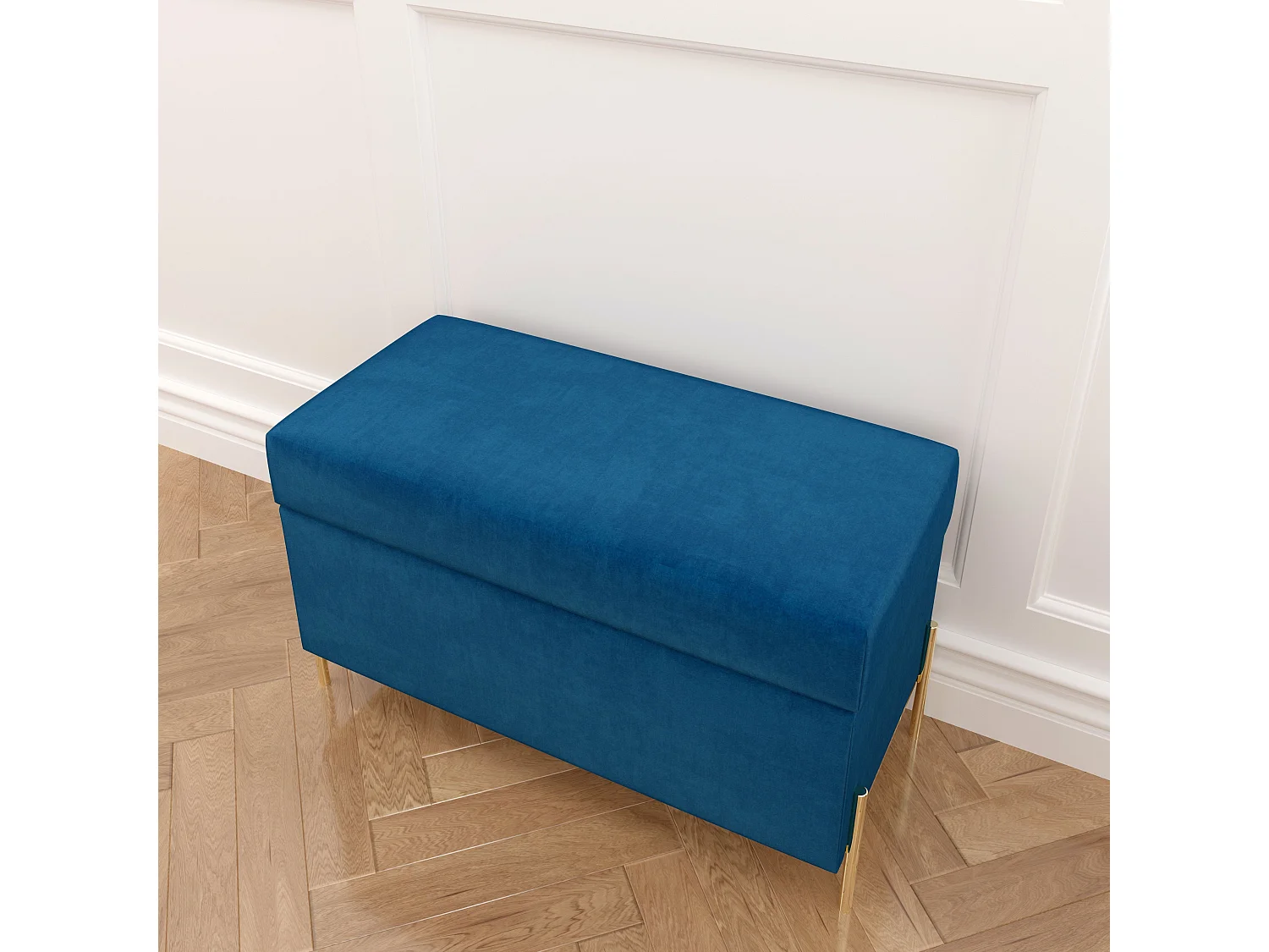 Granatowa tapierowana ławka Dancan BORGO z pojemnikiem