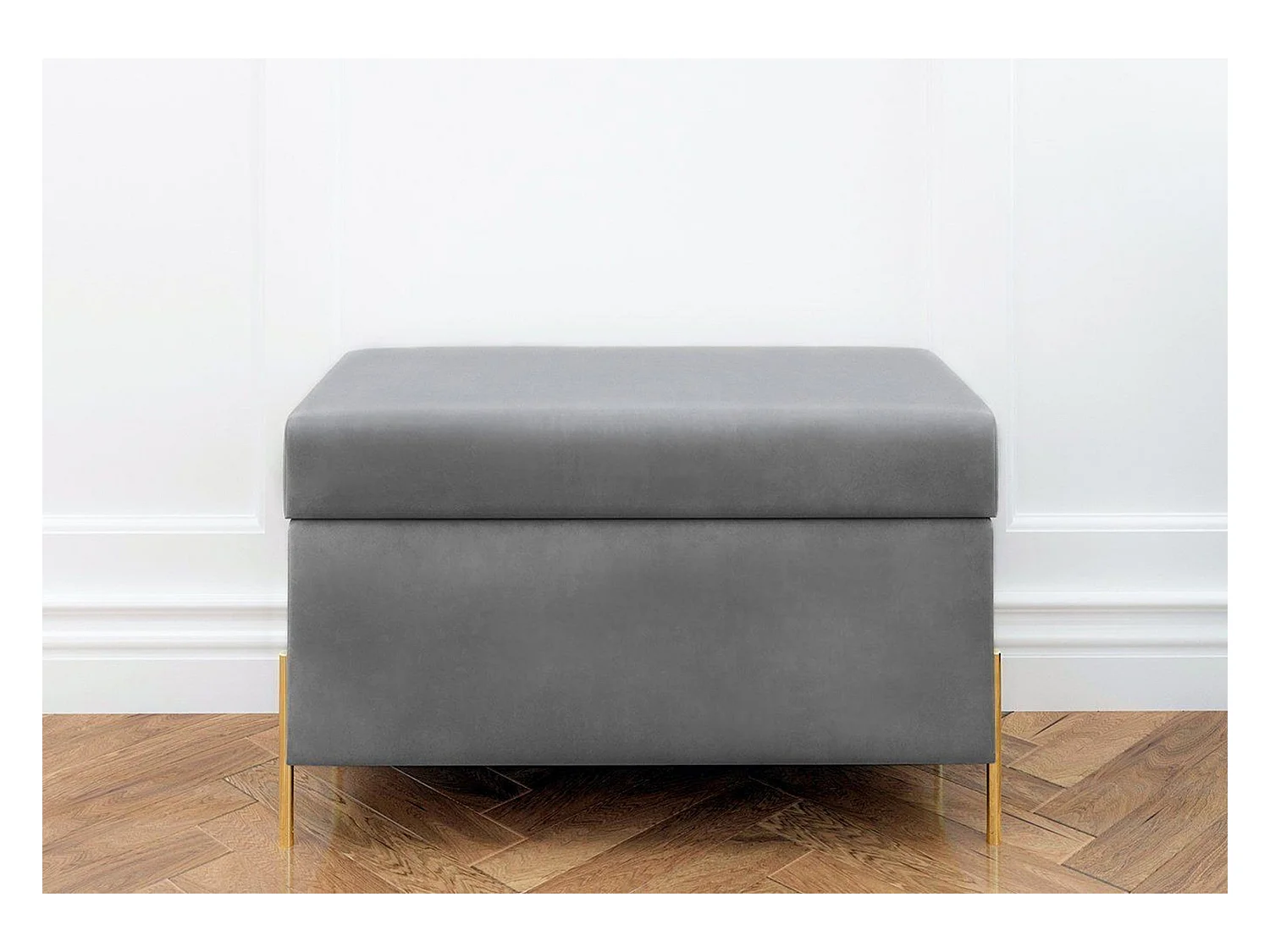 Banc coffre BORGO en velours gris clair avec pieds en métal doré / 80 x 37 cm