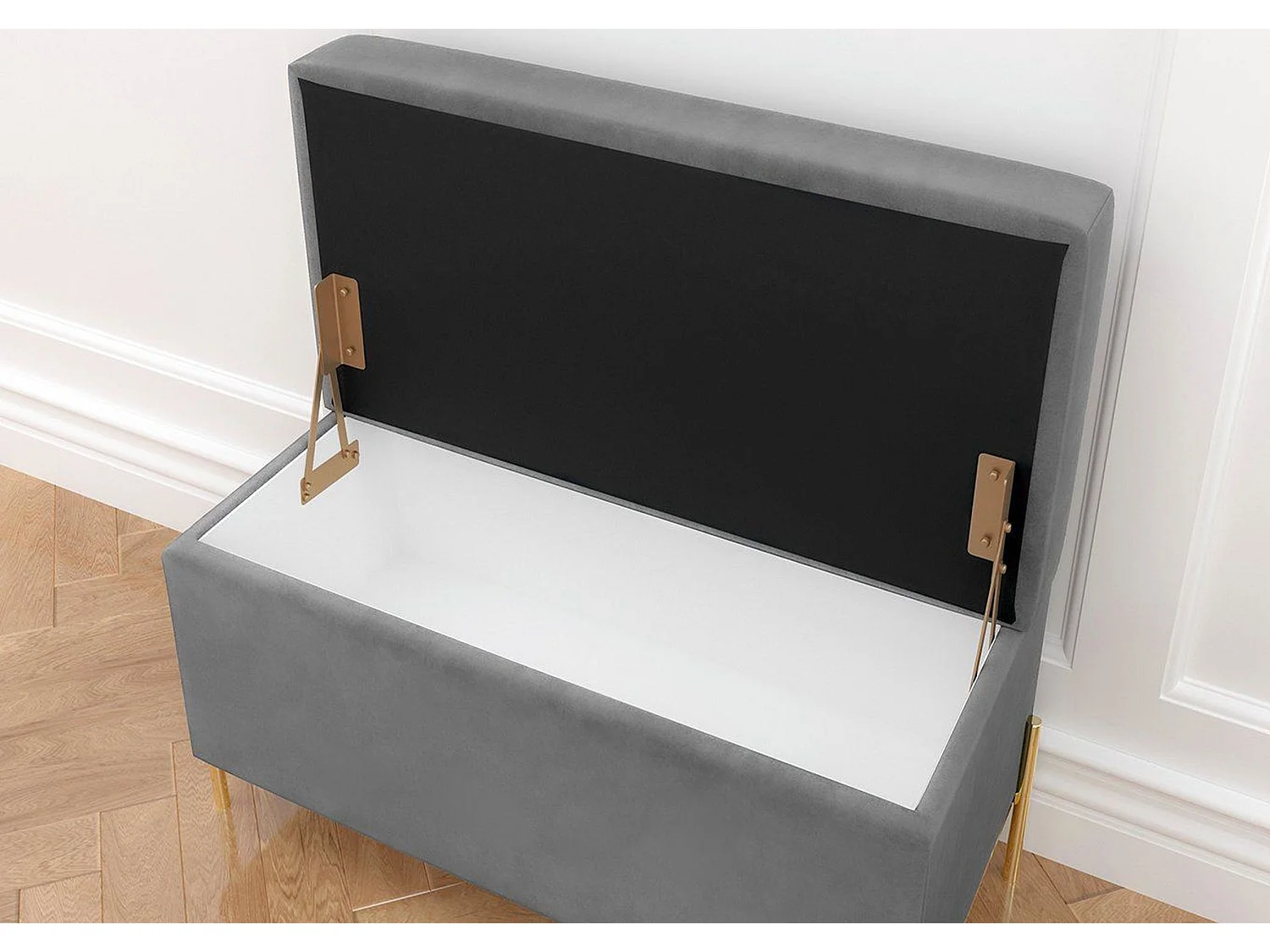 Jasnoszara tapierowana ławka Dancan BORGO z pojemnikiem