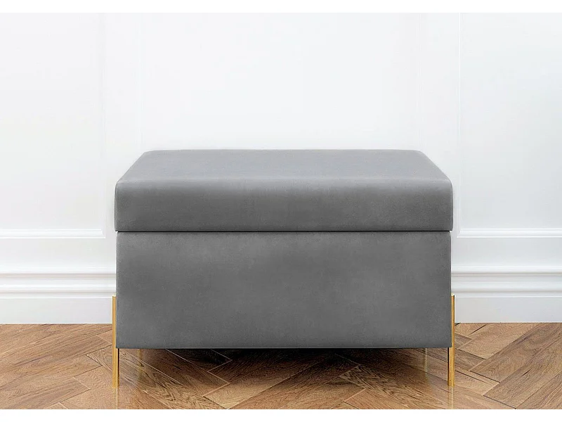 Banc coffre BORGO en velours gris clair avec pieds en métal doré / 80 x 37 cm