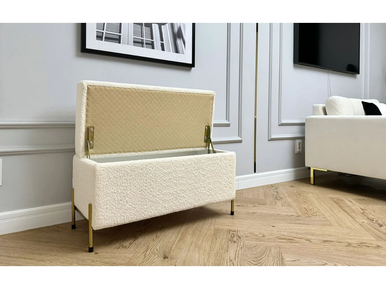 Kremowa tapierowana ławka Dancan BORGO z pojemnikiem -boucle