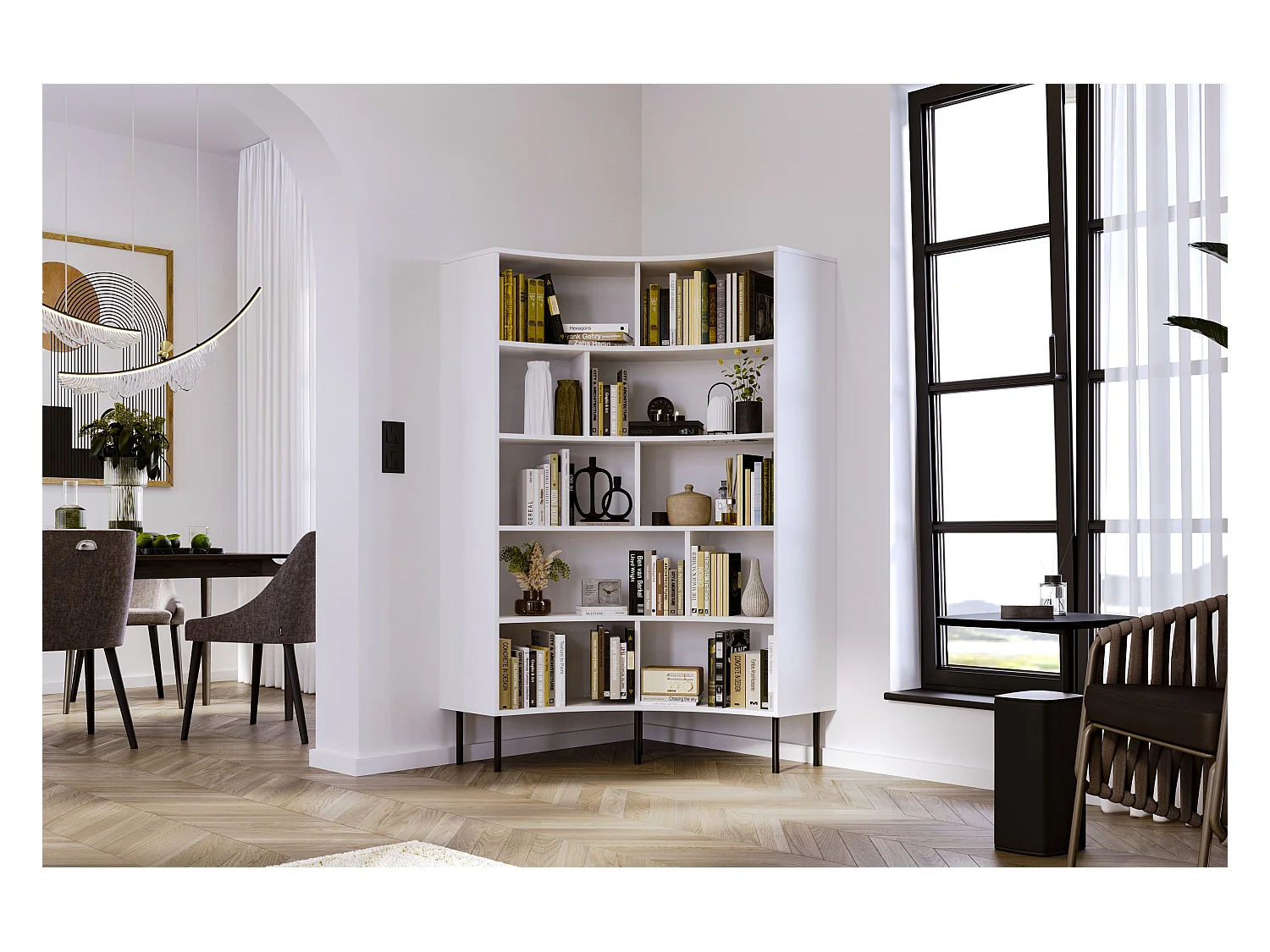 Bibliothèque d'angle moderne blanche pour livres HORN avec des pieds noirs / 100 cm