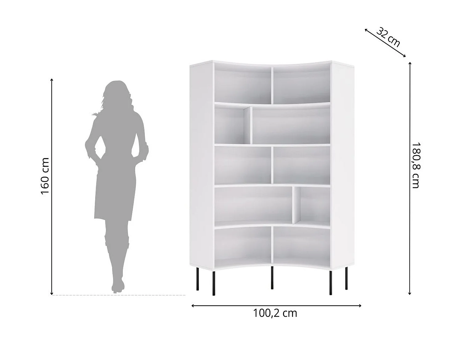 Bücherregal Horn, weiß, bogenform, 10 fächern