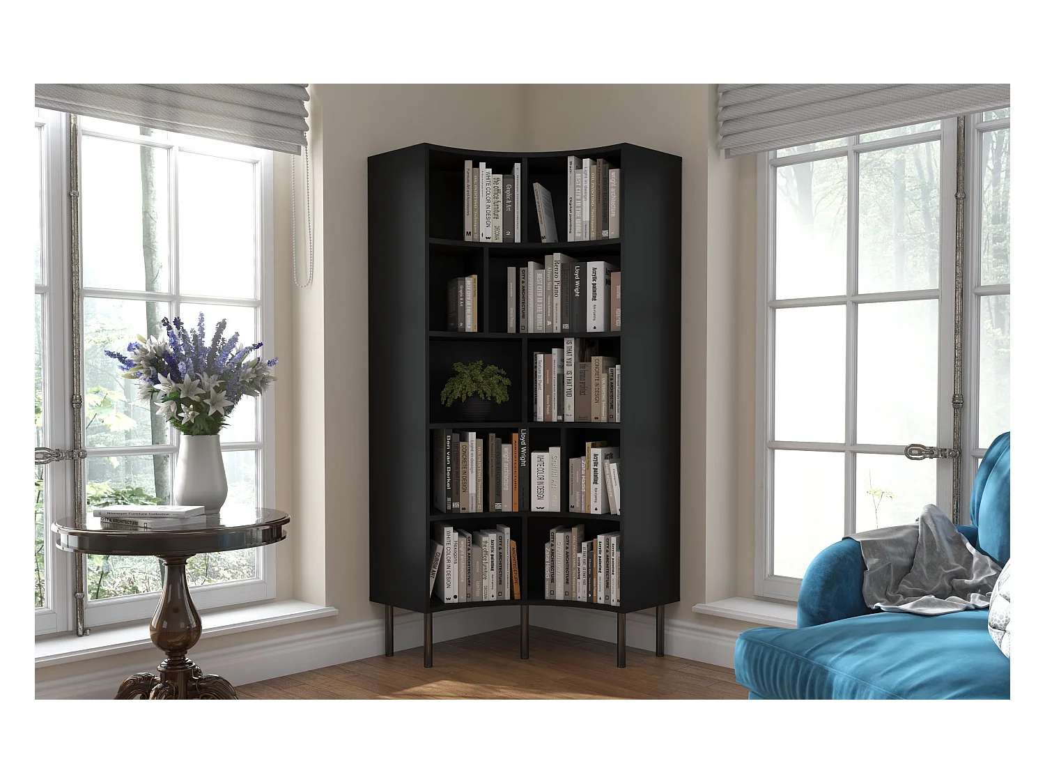 Bibliothèque d'angle moderne noir pour livres HORN avec des pieds noirs / 80 cm