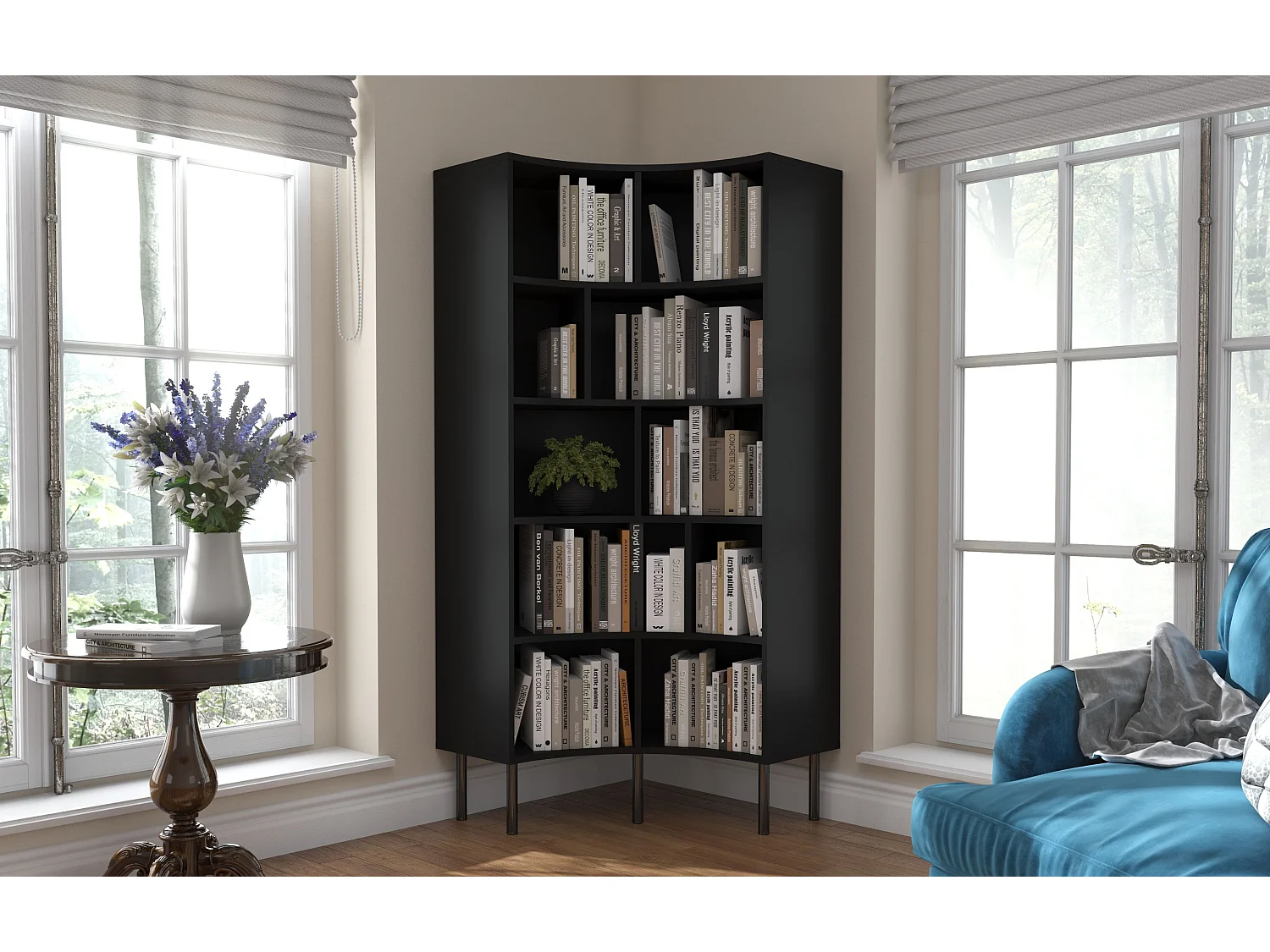 Bücherregal Horn, schwarz, bogenform, 10 fächern, 80 cm