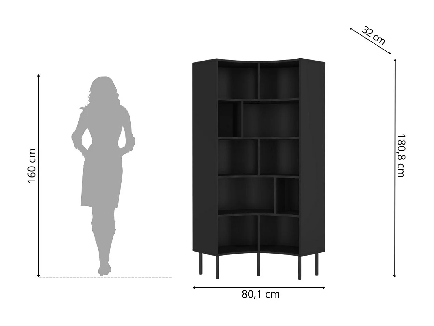 Bücherregal Horn, schwarz, bogenform, 10 fächern, 80 cm