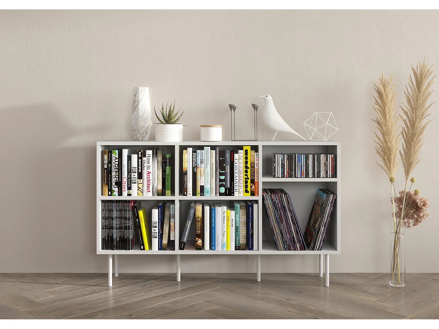 Sideboard Mirka, weiß, offene fächer, minimalistisch