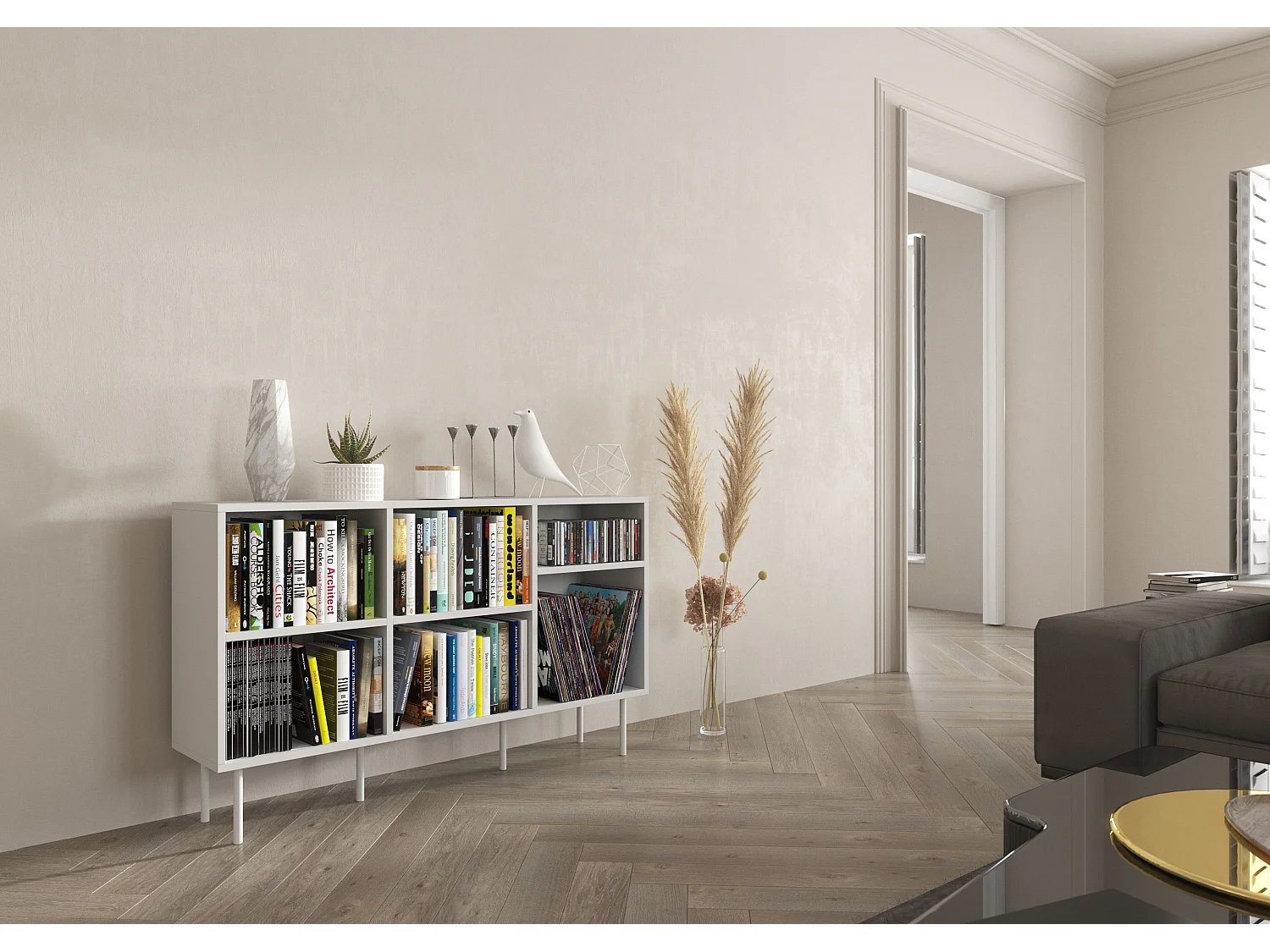 Sideboard Mirka, weiß, offene fächer, minimalistisch