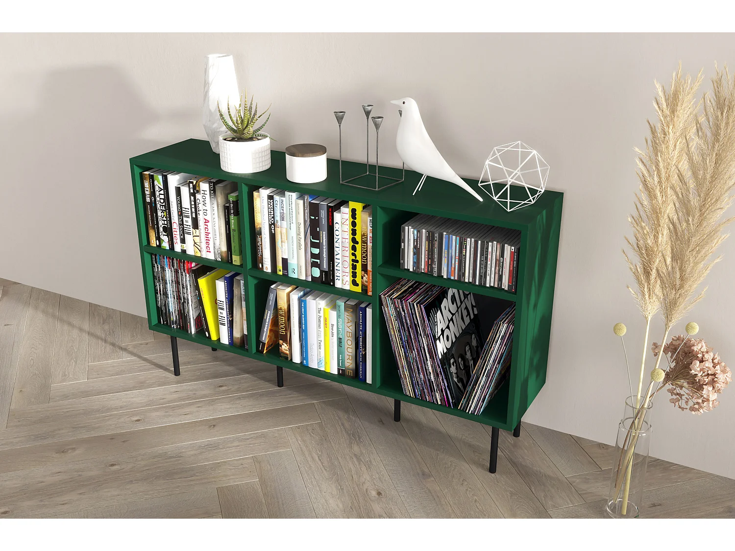 Sideboard Mirka, grün, offene fächer, minimalistisch