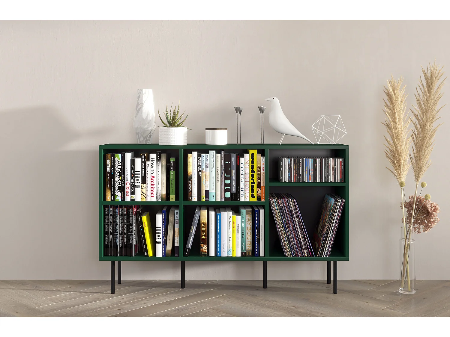 Sideboard Mirka, grün, offene fächer, minimalistisch