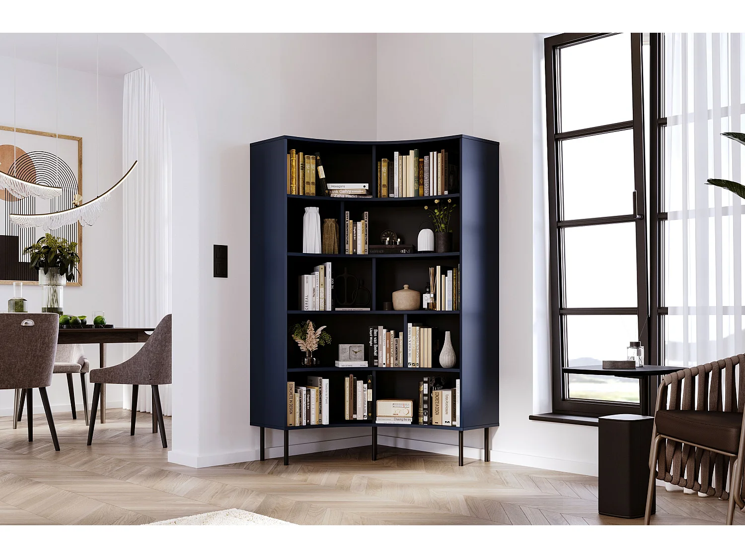 Bücherregal Horn, marinblau, bogenform, 10 fächern