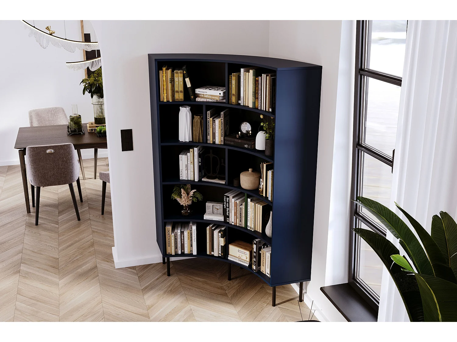 Bücherregal Horn, marinblau, bogenform, 10 fächern