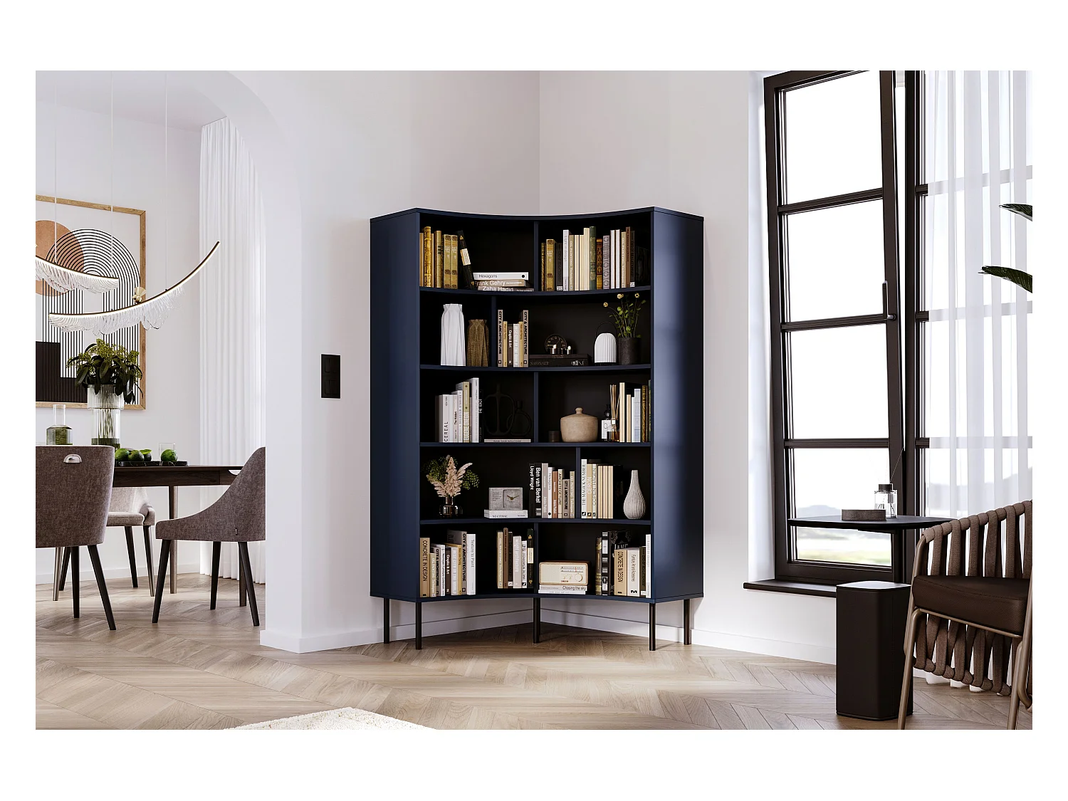 Bibliothèque d'angle moderne bleu marinepour livres HORN avec des pieds noirs / 100 cm