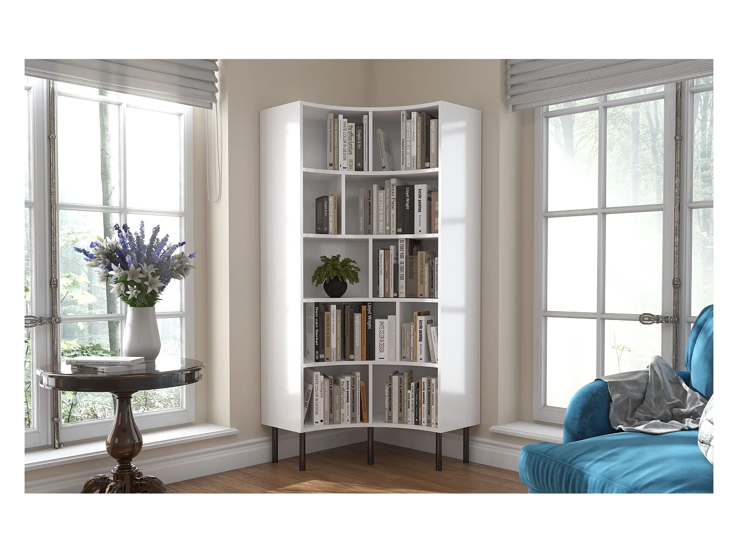 Bibliothèque d'angle moderne blanche pour livres HORN avec des pieds noirs / 80 cm