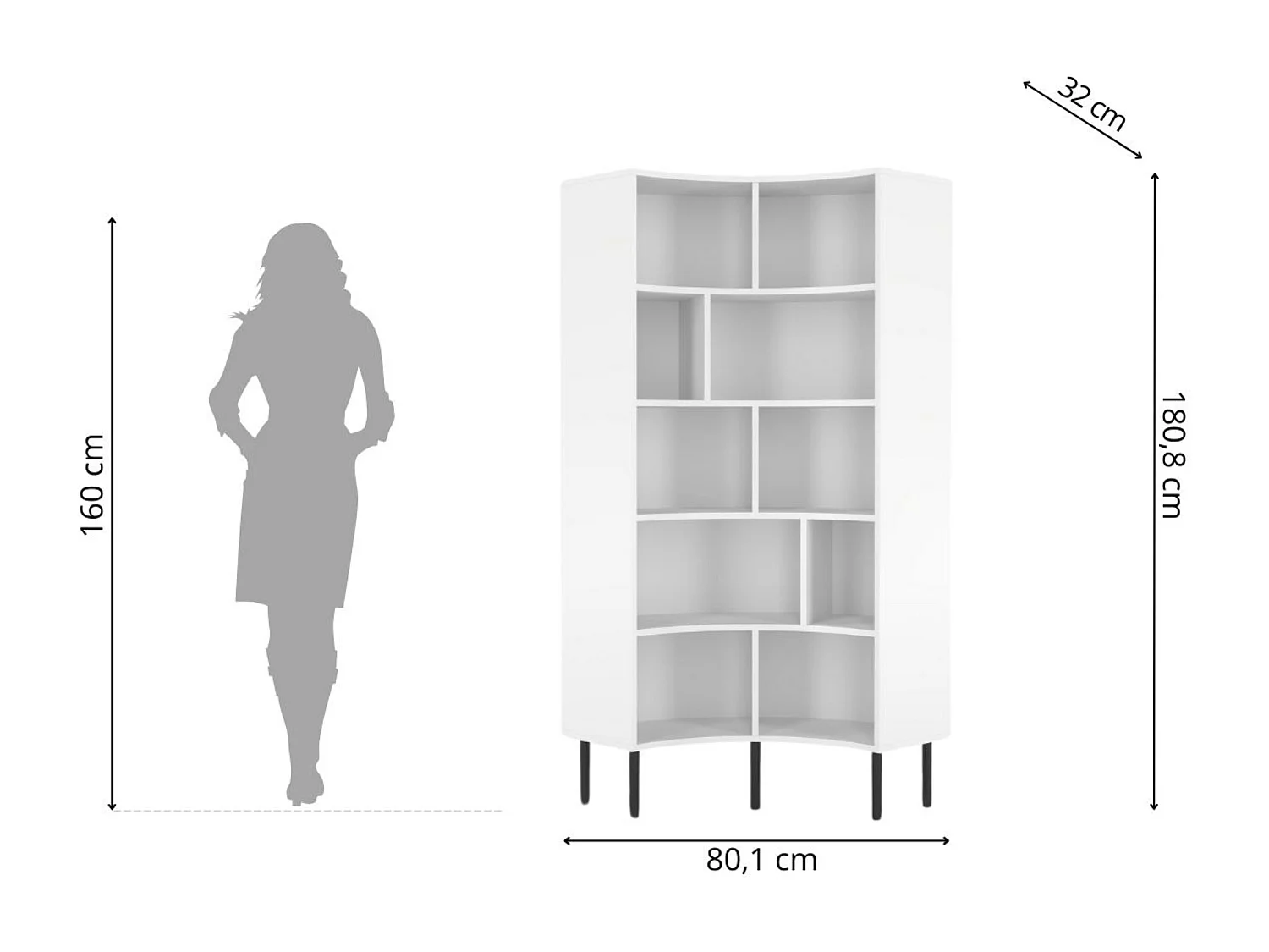 Bücherregal Horn, weiß, bogenform, 10 fächern, 80 cm