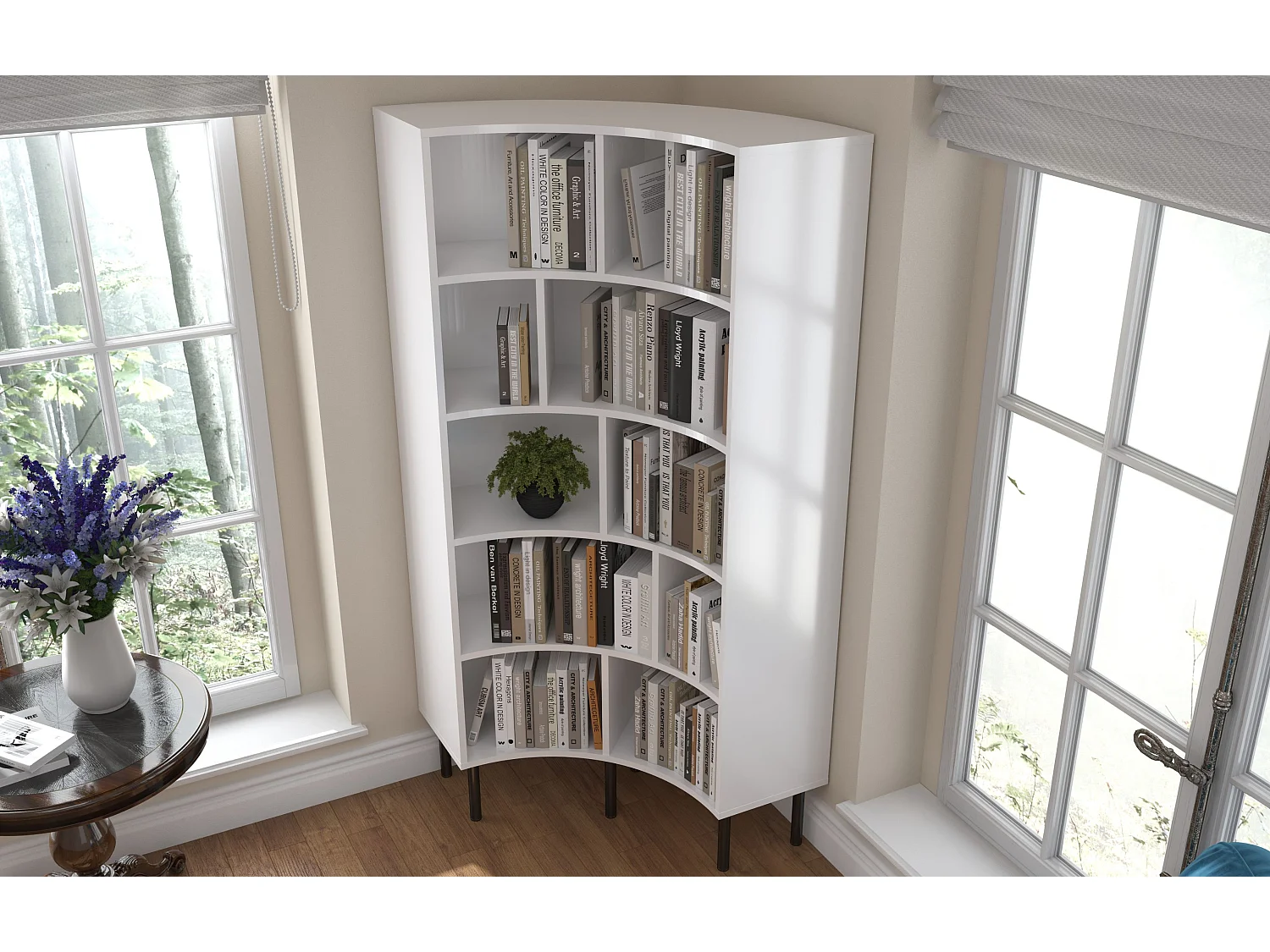 Bibliothèque d'angle moderne blanche pour livres HORN avec des pieds noirs / 80 cm