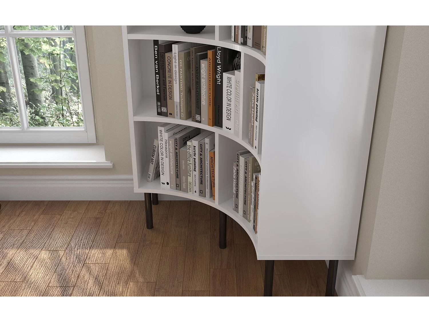 Bibliothèque d'angle moderne blanche pour livres HORN avec des pieds noirs / 80 cm