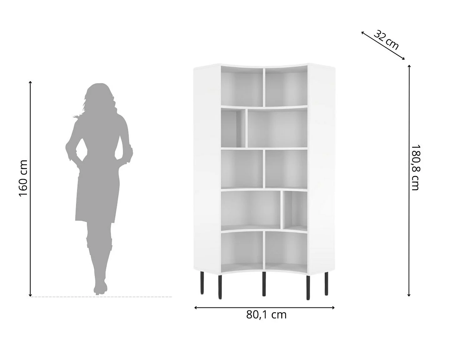 Bibliothèque d'angle moderne blanche pour livres HORN avec des pieds noirs / 80 cm