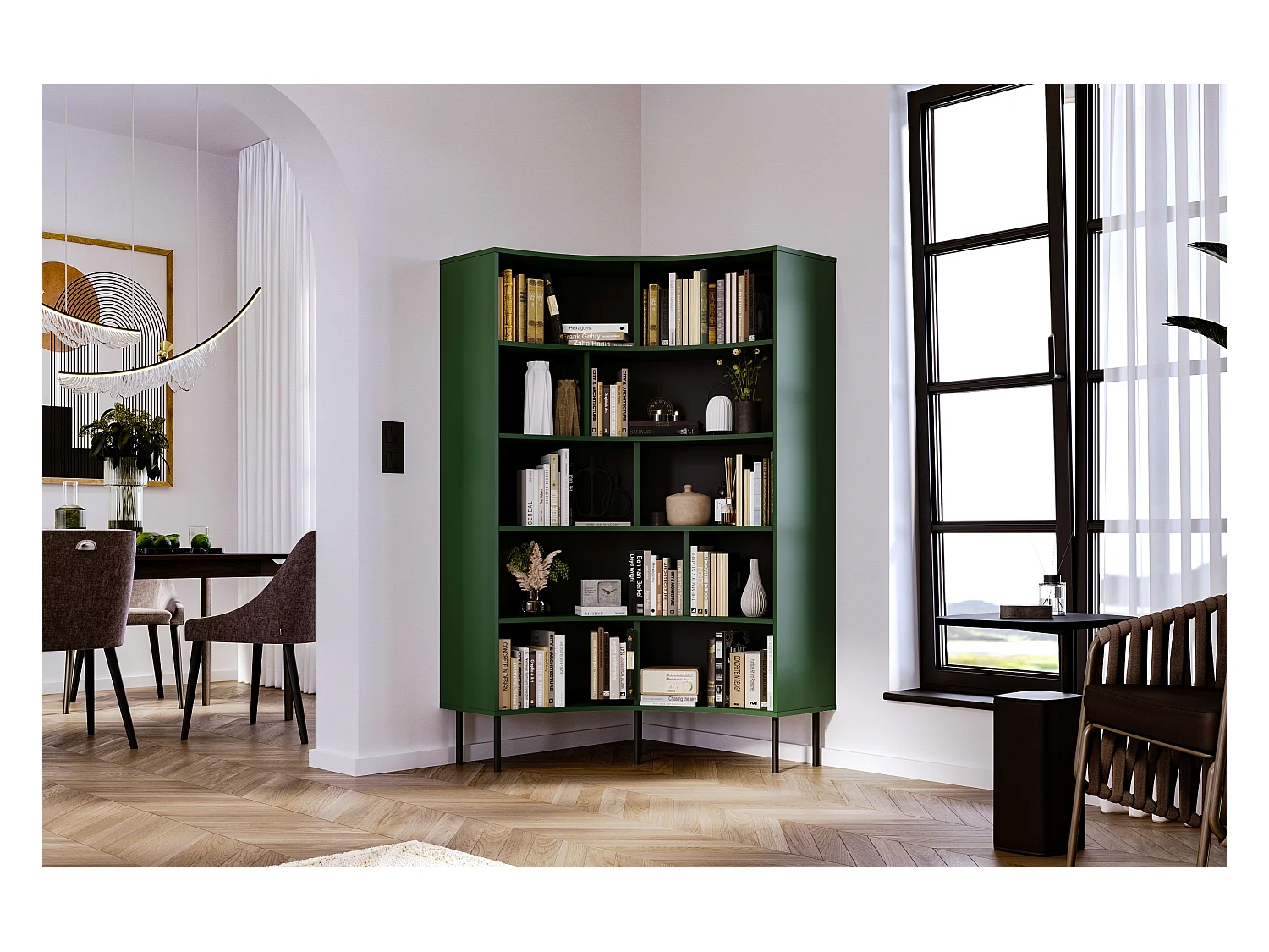 Bibliothèque d'angle moderne verte pour livres HORN avec des pieds noirs / 100 cm