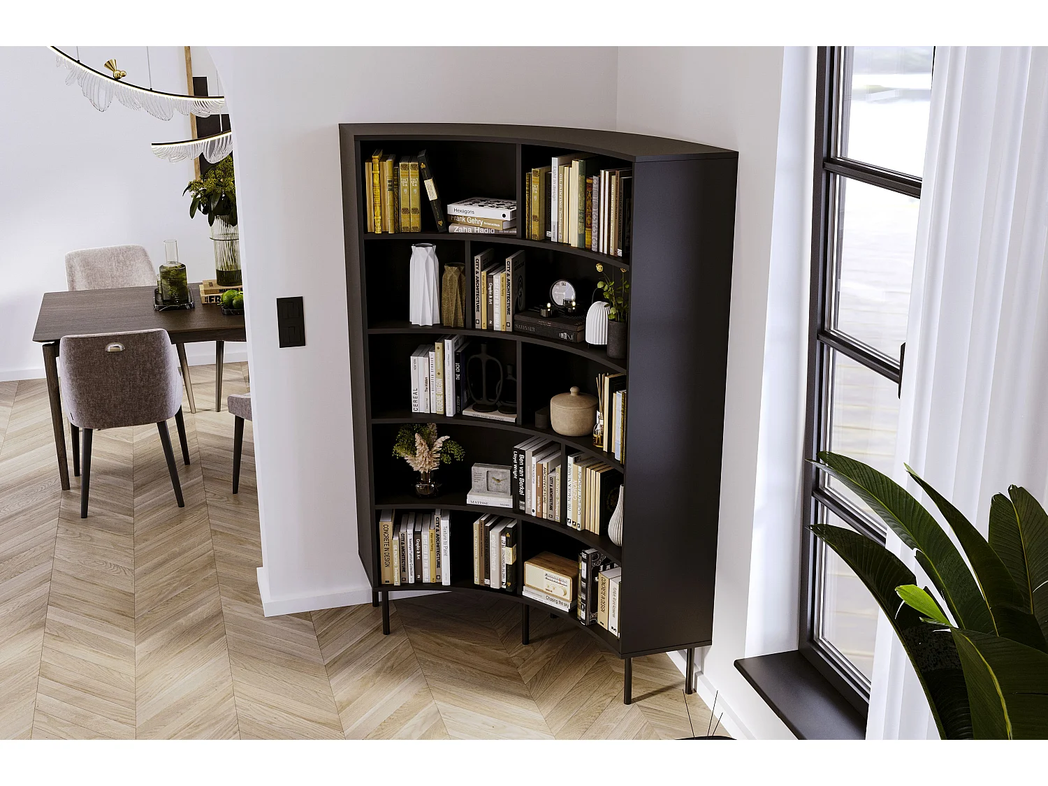 Narożny regał Skandica HORN z czarnymi nogami / czarny