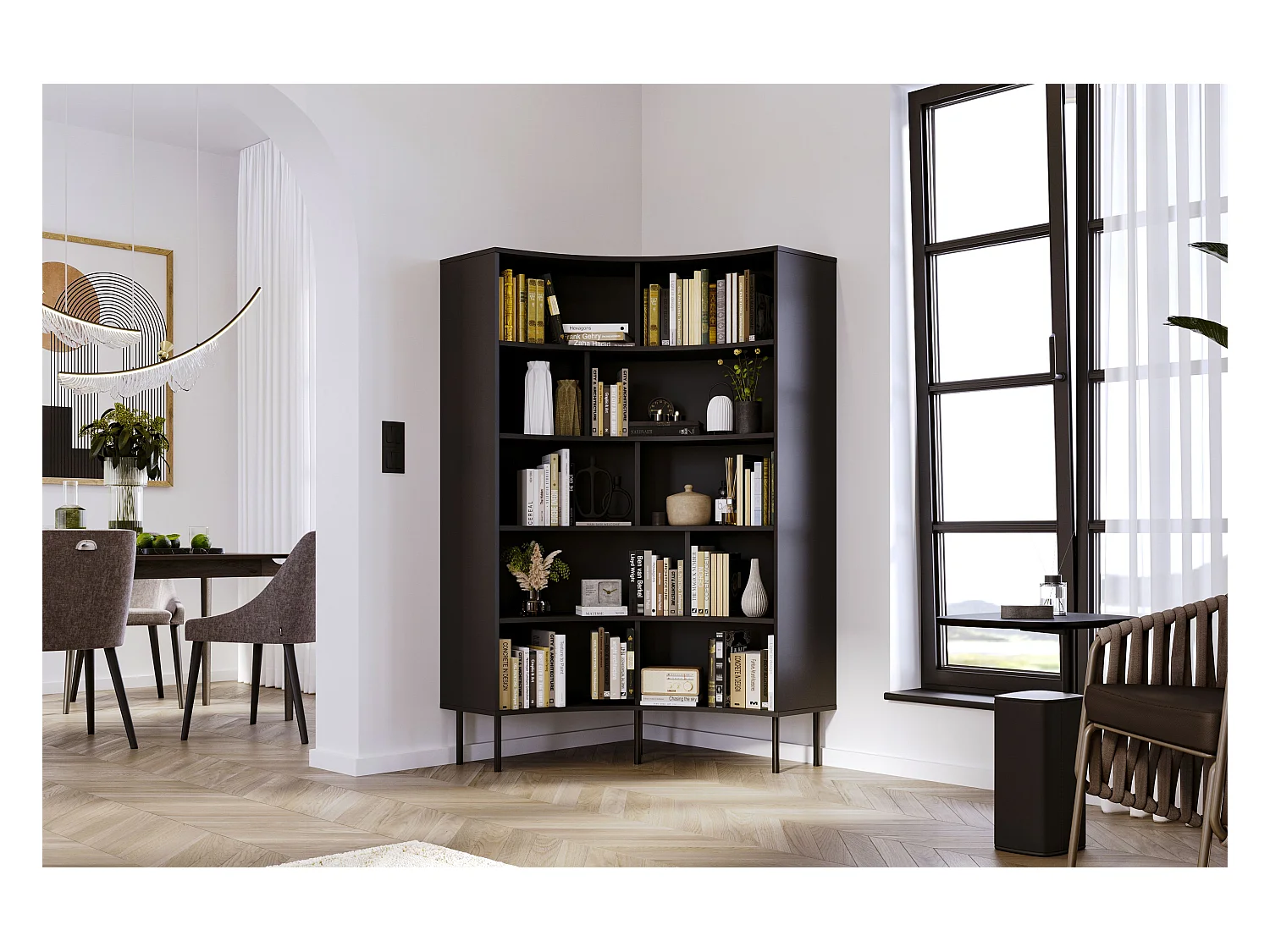 Bibliothèque d'angle moderne noir pour livres HORN avec des pieds noirs / 100 cm