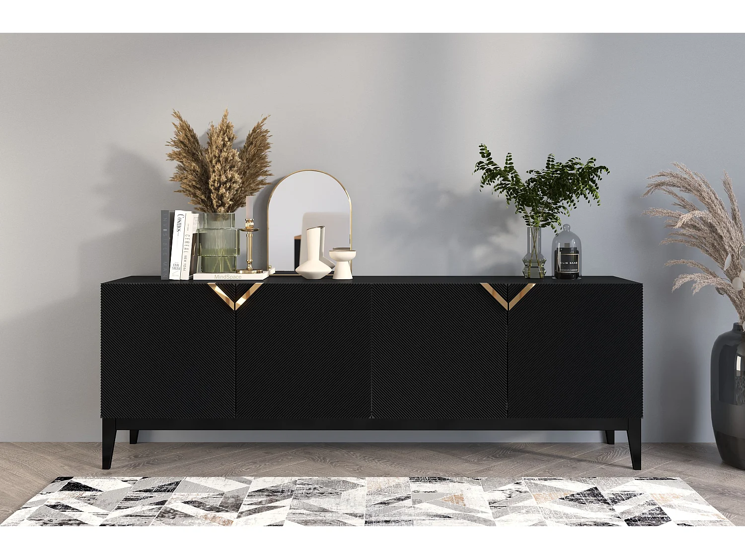 Sideboard Demi long, schwarz-gold, mit gefrästen fronten, massive buche