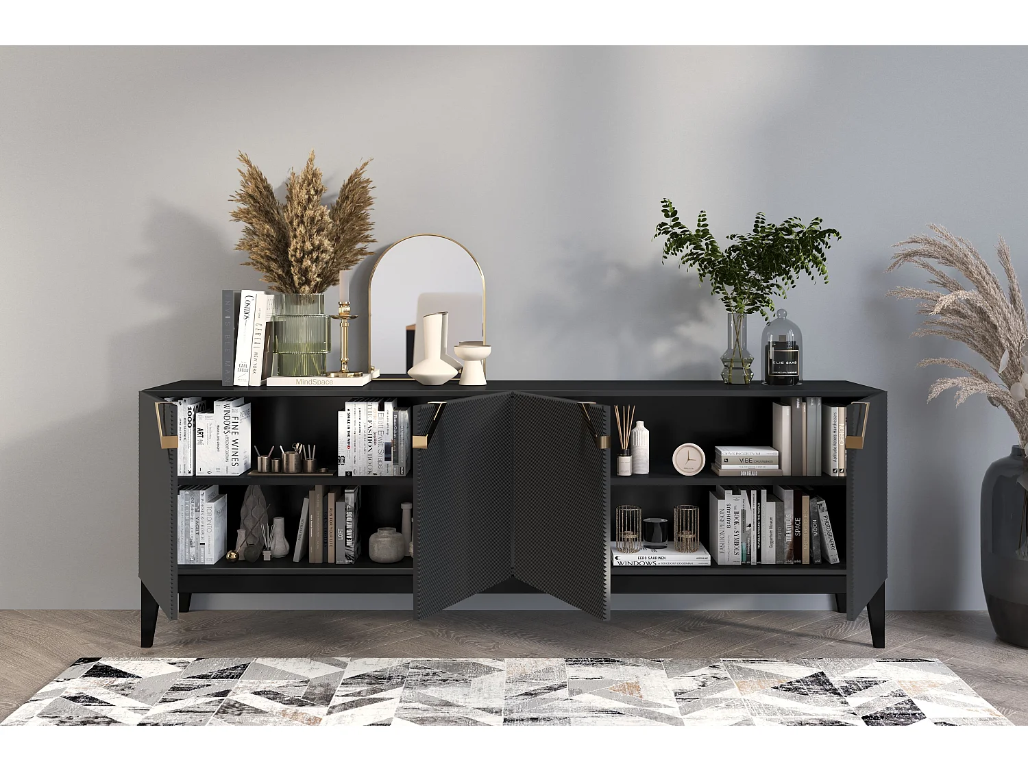 Sideboard Demi long, schwarz-gold, mit gefrästen fronten, massive buche
