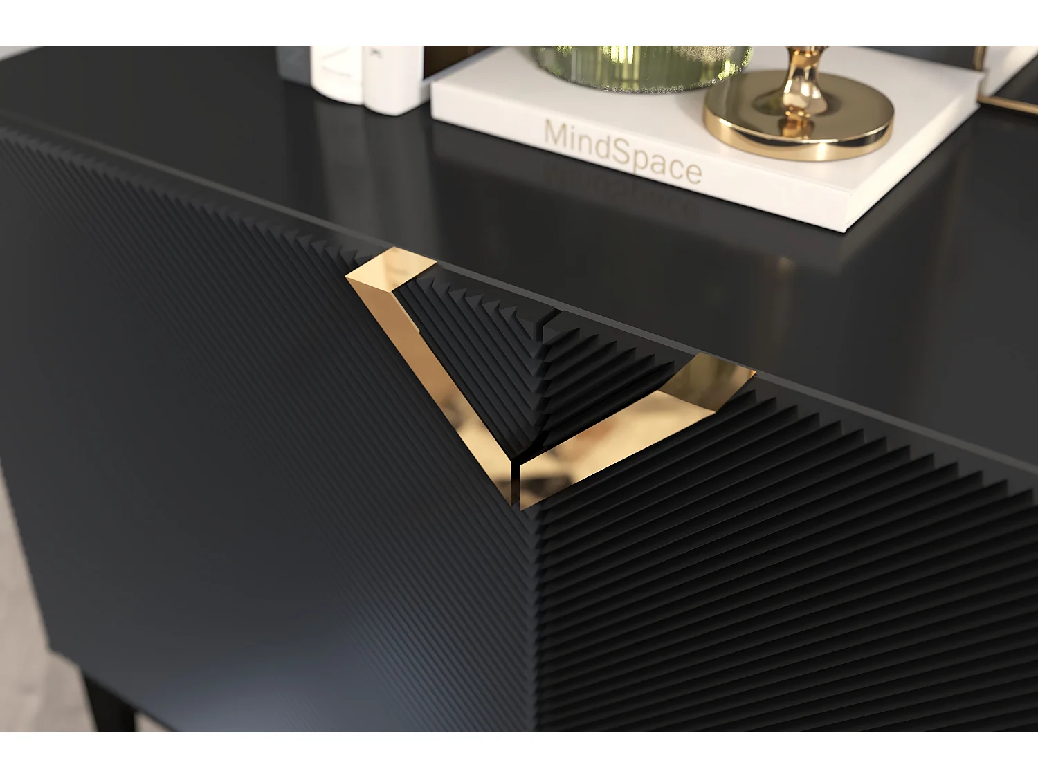 Sideboard Demi long, schwarz-gold, mit gefrästen fronten, massive buche