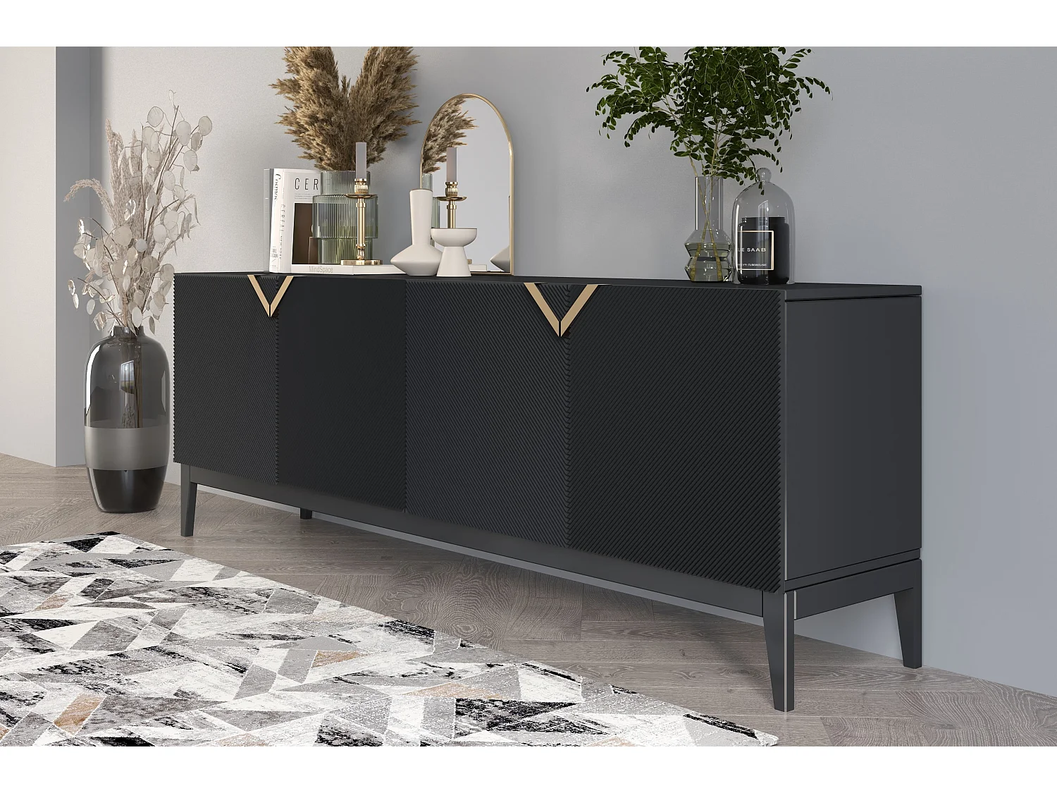 Sideboard Demi long, schwarz-gold, mit gefrästen fronten, massive buche