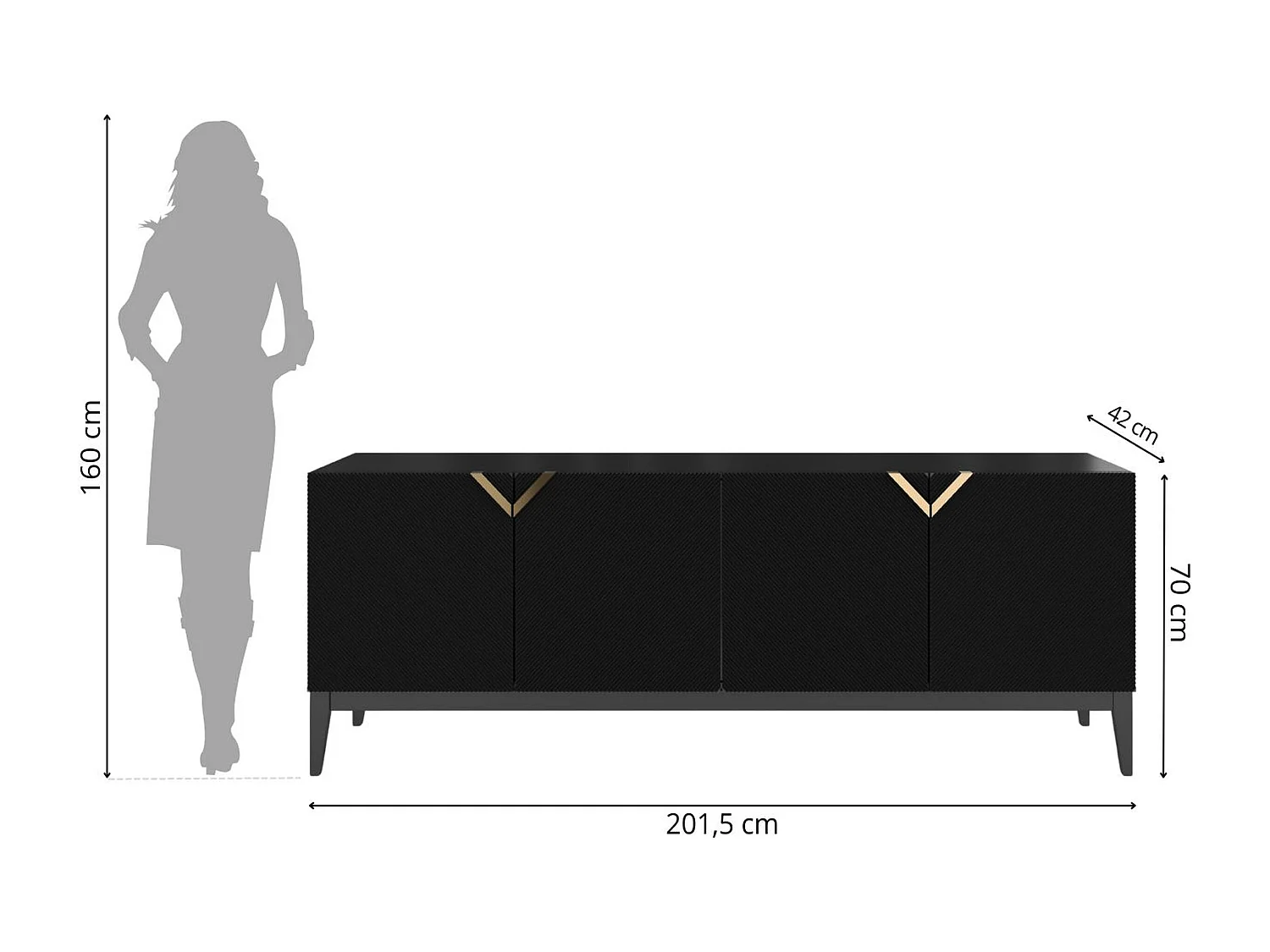 Sideboard Demi long, schwarz-gold, mit gefrästen fronten, massive buche