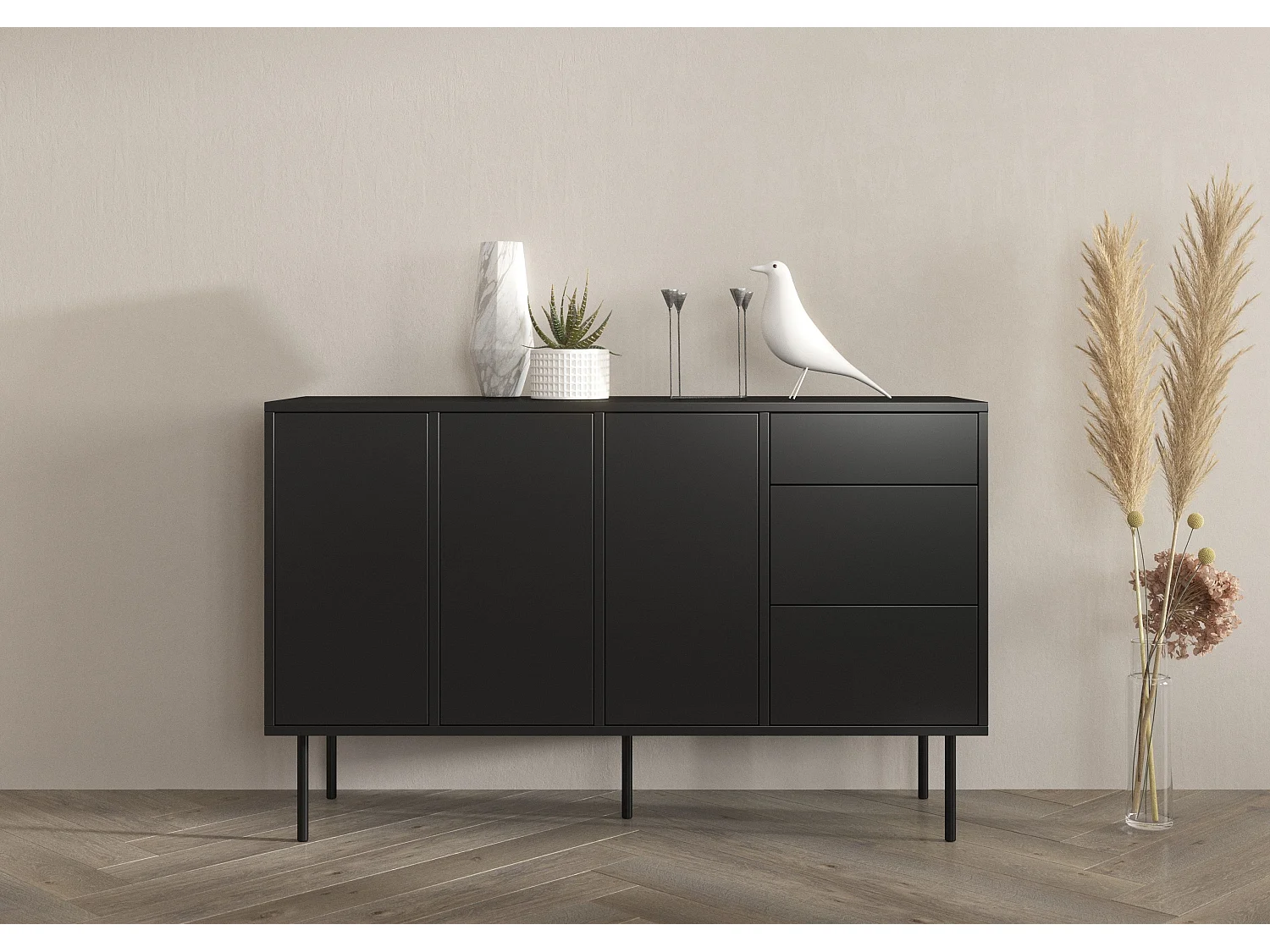 Sideboard Mirka, schwarz, push to open system, minimalistisch