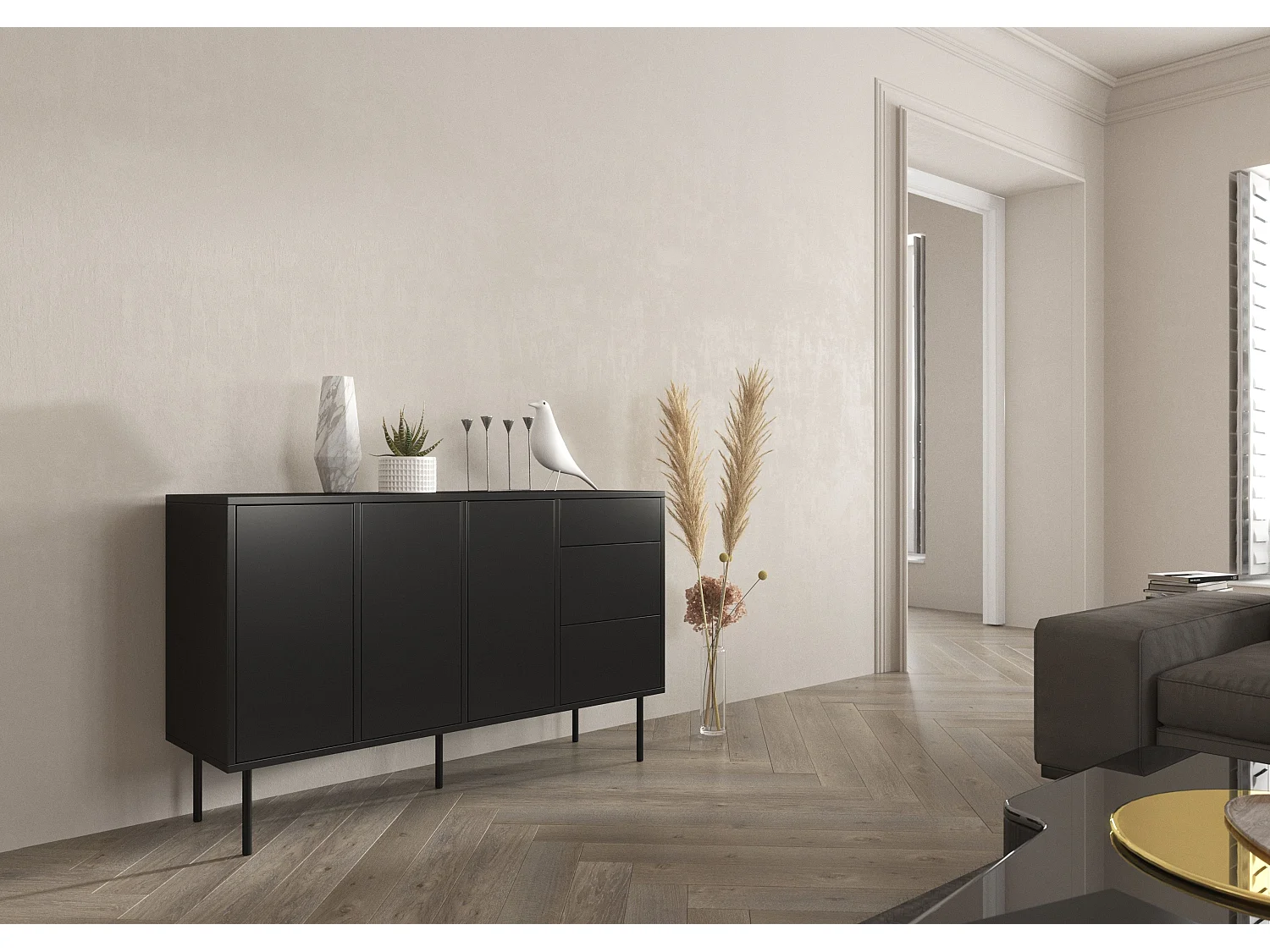 Sideboard Mirka, schwarz, push to open system, minimalistisch