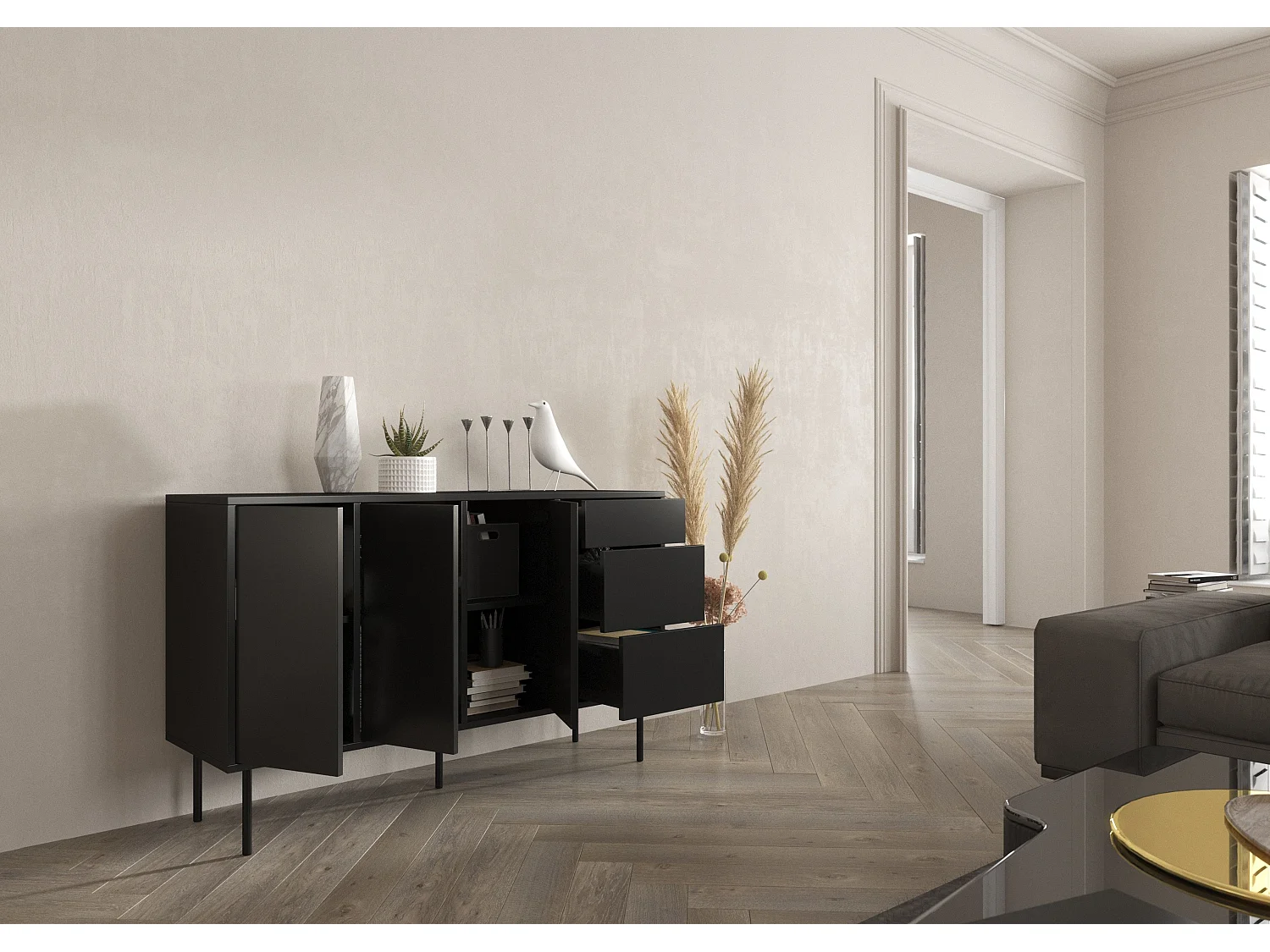 Sideboard Mirka, schwarz, push to open system, minimalistisch