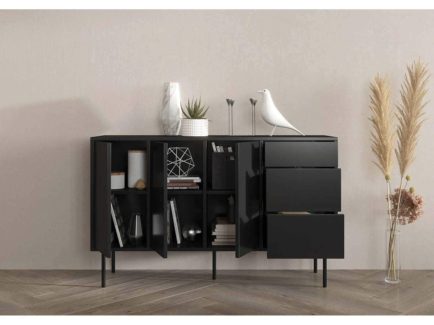 Sideboard Mirka, schwarz, push to open system, minimalistisch