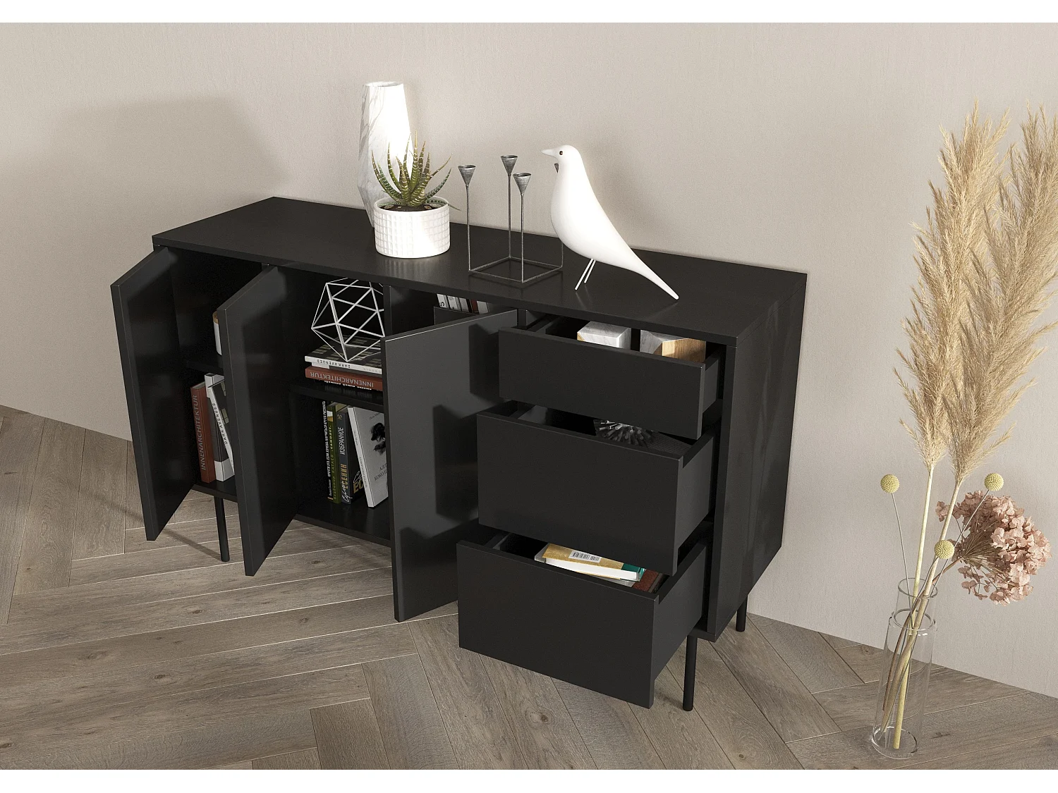 Sideboard Mirka, schwarz, push to open system, minimalistisch
