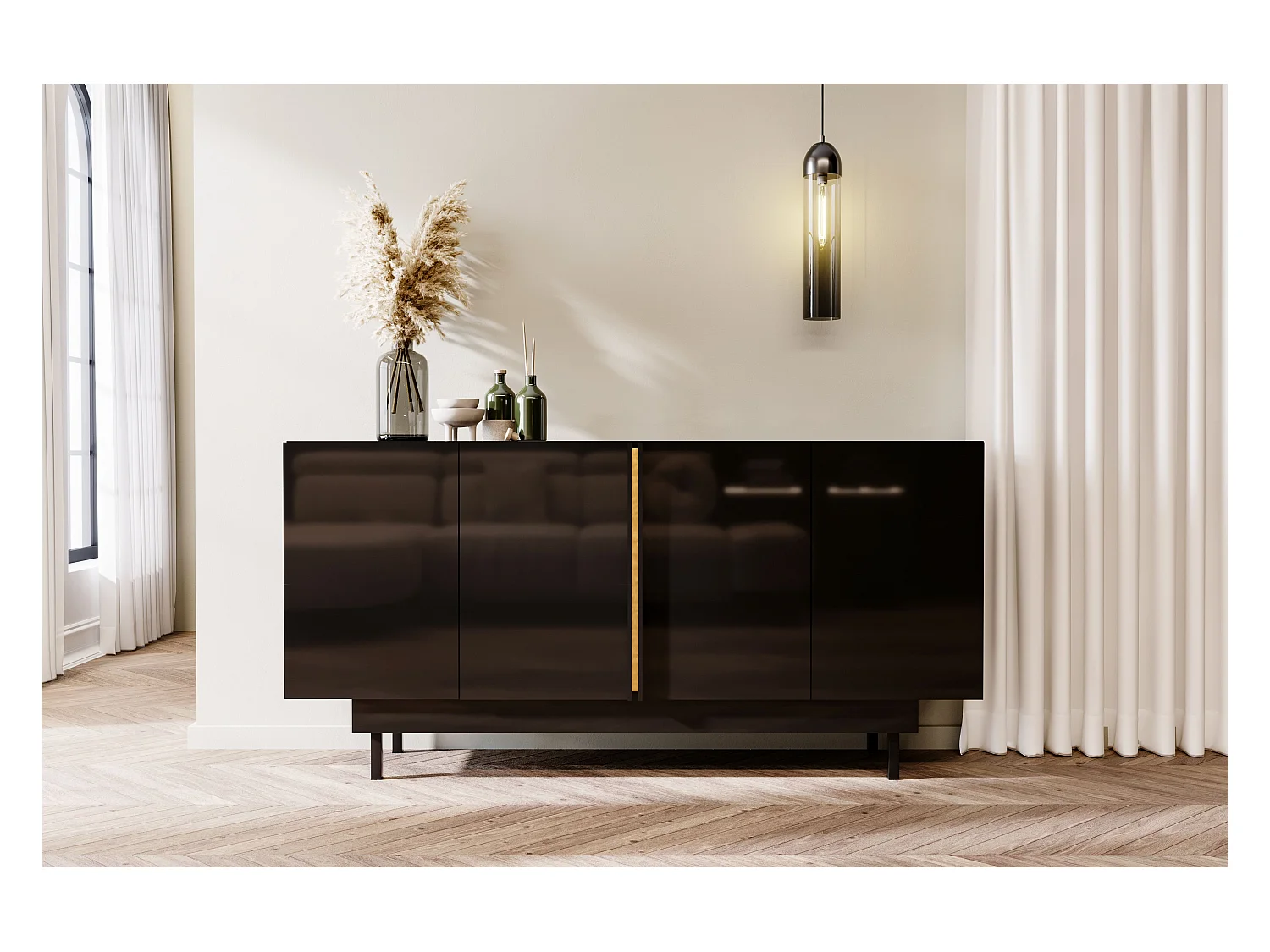 Błyszczący czarny bufet Dancan ARTEMISA z dodatkami w kolorze złota - Nowoczesny i elegancki design z systemem Push to Open